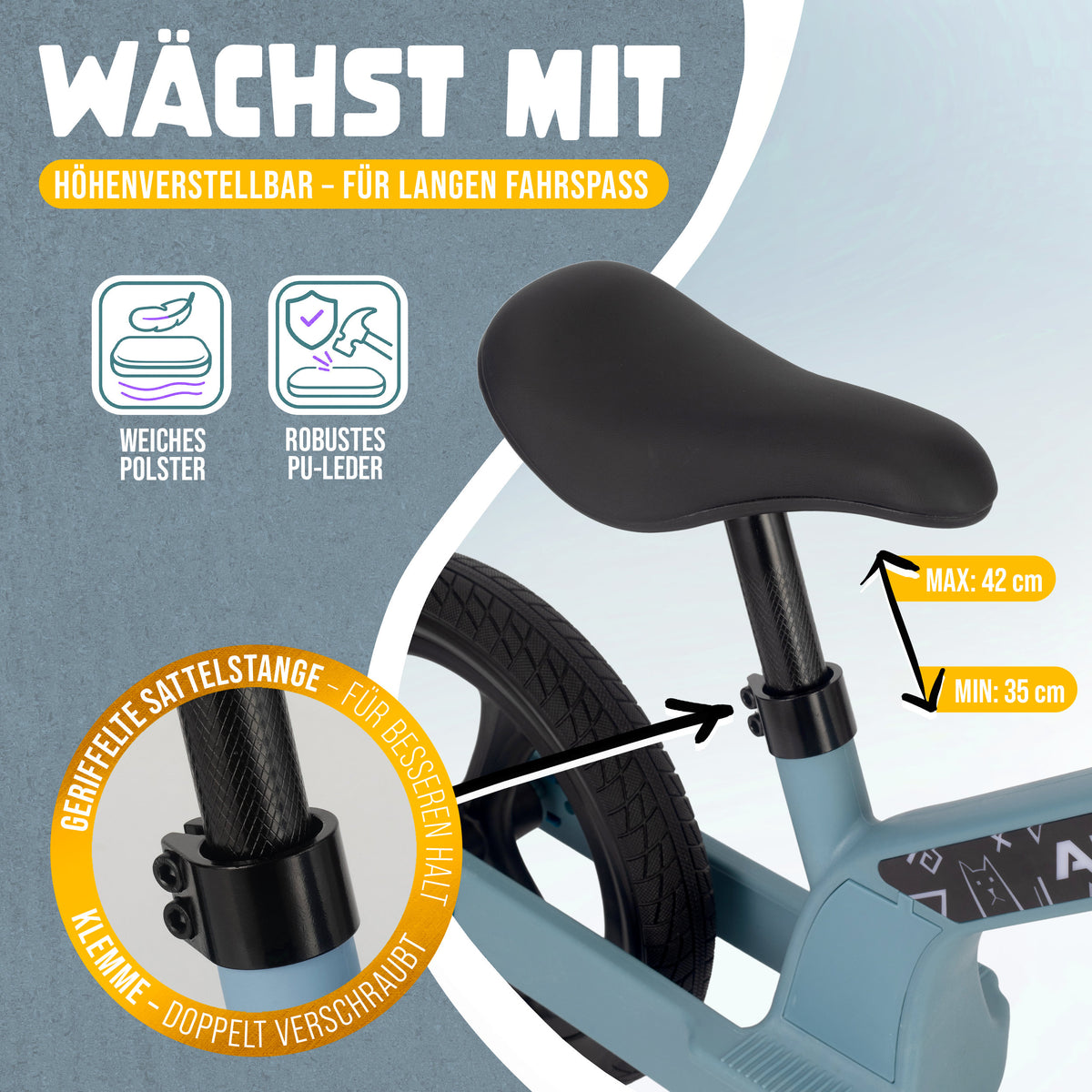 Apollo Funsport CH Trailbuddy LED Laufrad für Kinder ab 2 Jahre – 12 Zoll Kinderlaufrad mit Beleuchtung Blue