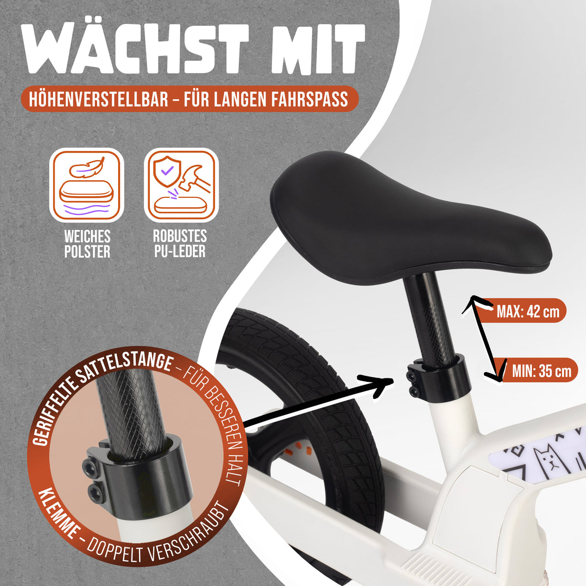 Apollo Funsport CH Trailbuddy LED Laufrad für Kinder ab 2 Jahre – 12 Zoll Kinderlaufrad mit Beleuchtung White