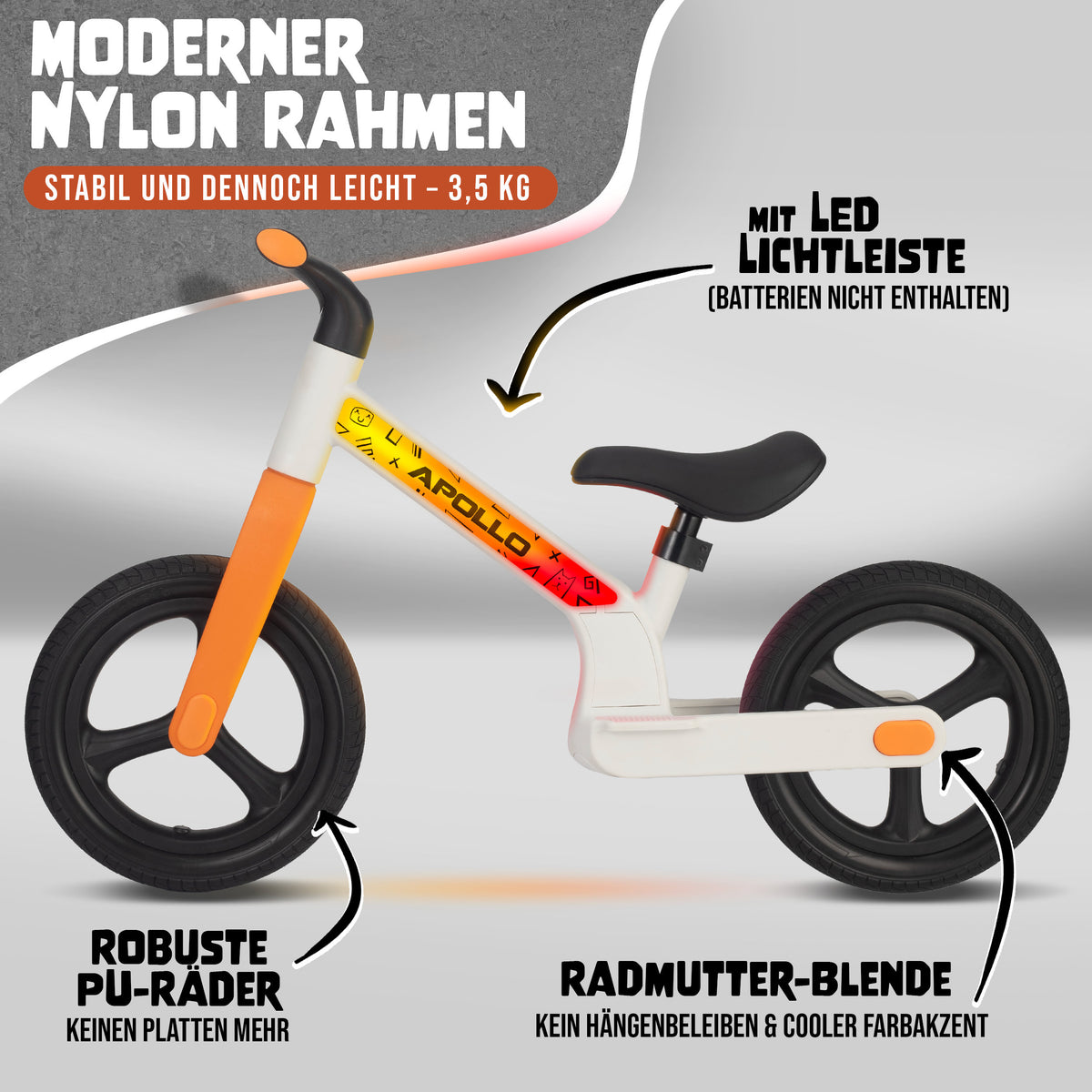 Apollo Funsport CH Trailbuddy LED Laufrad für Kinder ab 2 Jahre – 12 Zoll Kinderlaufrad mit Beleuchtung White