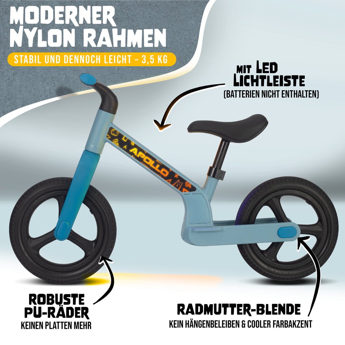 Apollo Funsport CH Trailbuddy LED Laufrad für Kinder ab 2 Jahre – 12 Zoll Kinderlaufrad mit Beleuchtung Blue