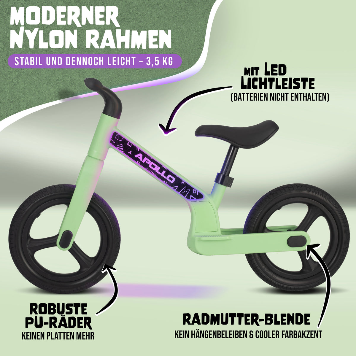 Apollo Funsport CH Trailbuddy LED Laufrad für Kinder ab 2 Jahre – 12 Zoll Kinderlaufrad mit Beleuchtung Green