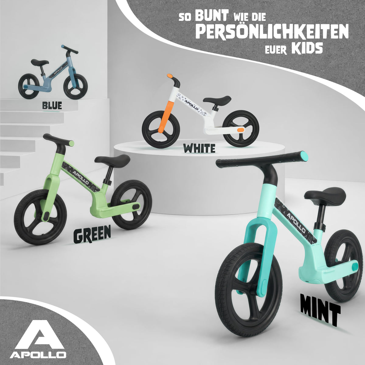 Apollo Funsport CH Trailbuddy LED Laufrad für Kinder ab 2 Jahre – 12 Zoll Kinderlaufrad mit Beleuchtung White