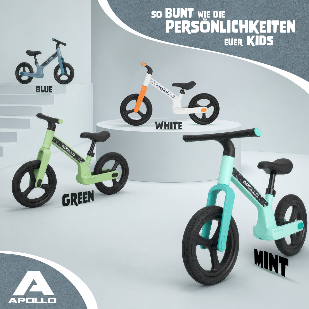 Apollo Funsport CH Trailbuddy LED Laufrad für Kinder ab 2 Jahre – 12 Zoll Kinderlaufrad mit Beleuchtung Blue