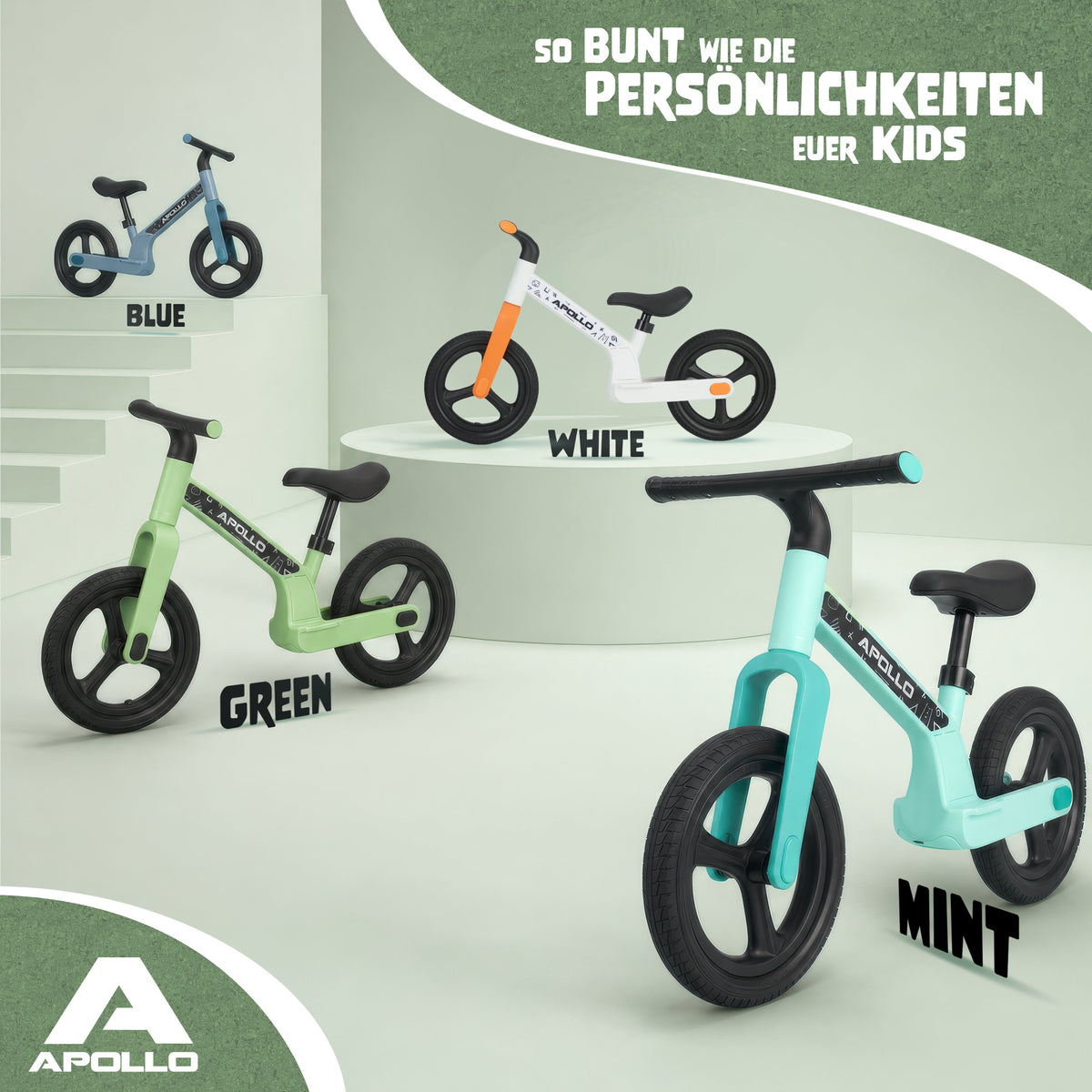Apollo Funsport CH Trailbuddy LED Laufrad für Kinder ab 2 Jahre – 12 Zoll Kinderlaufrad mit Beleuchtung Green