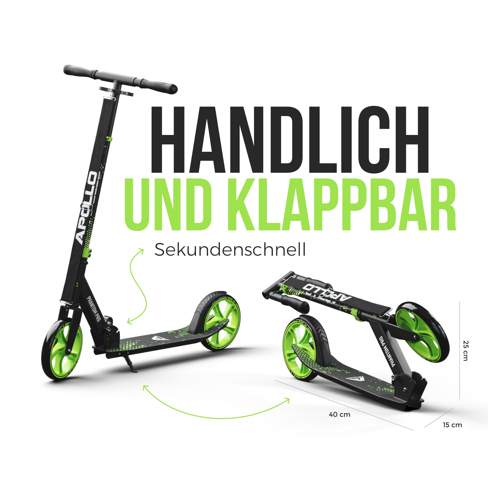 Apollo Klappbarer City Roller für Kinder "Phantom" höhenverstellbarer Tretroller Grün