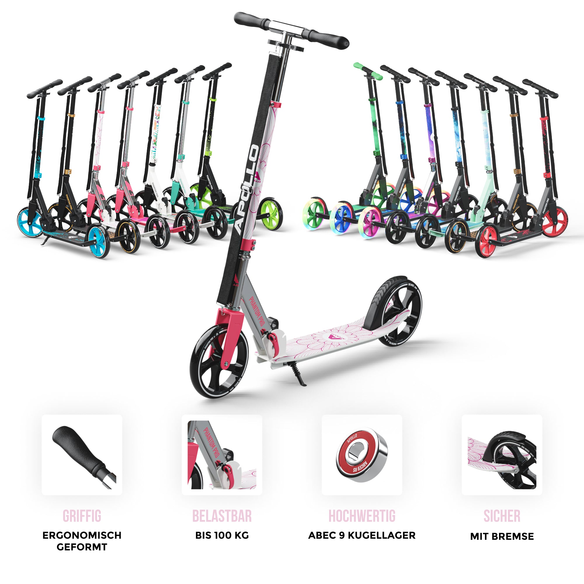 Apollo Klappbarer City Roller für Kinder "Phantom" höhenverstellbarer Tretroller Pink