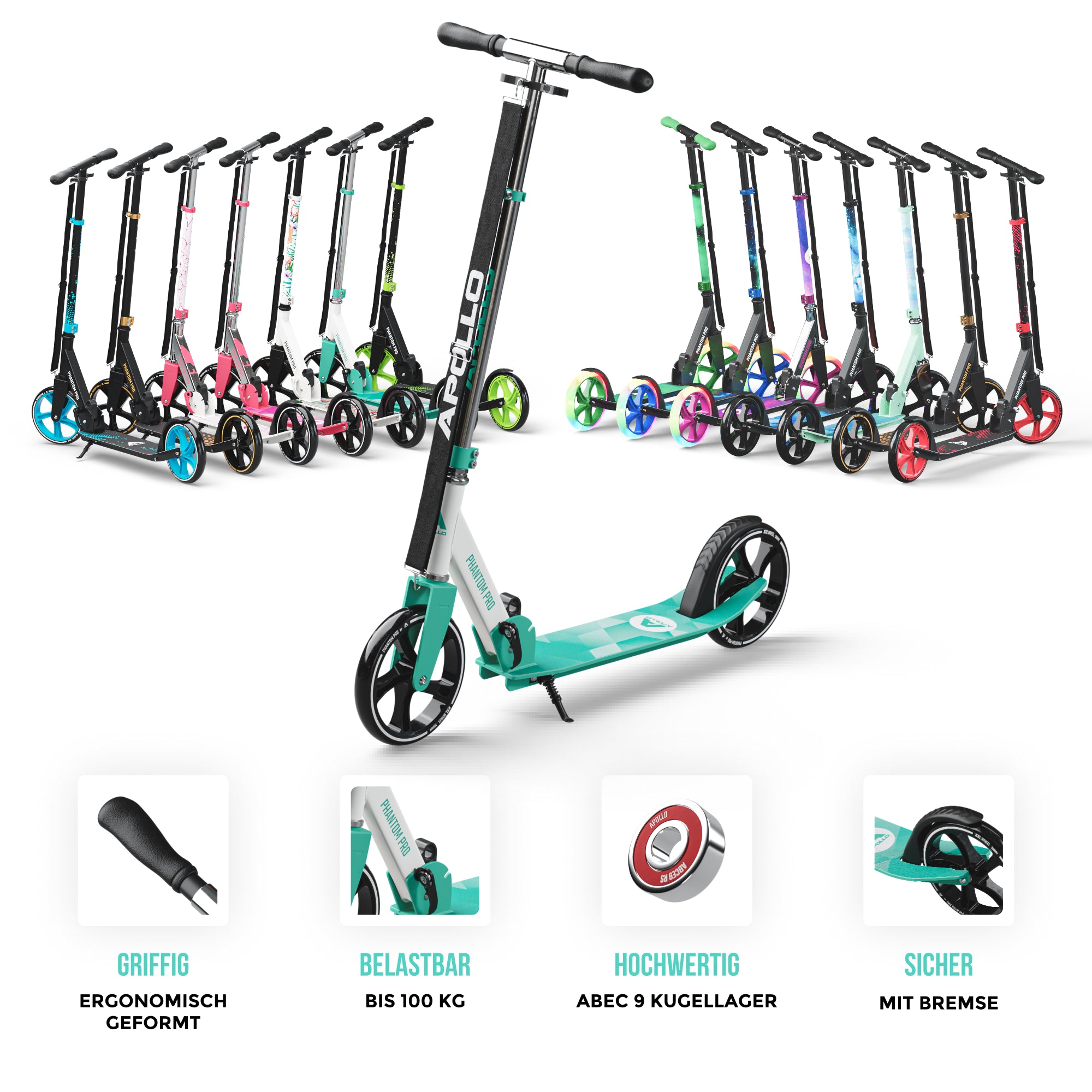 Apollo Klappbarer City Roller für Kinder "Phantom" höhenverstellbarer Tretroller Mint