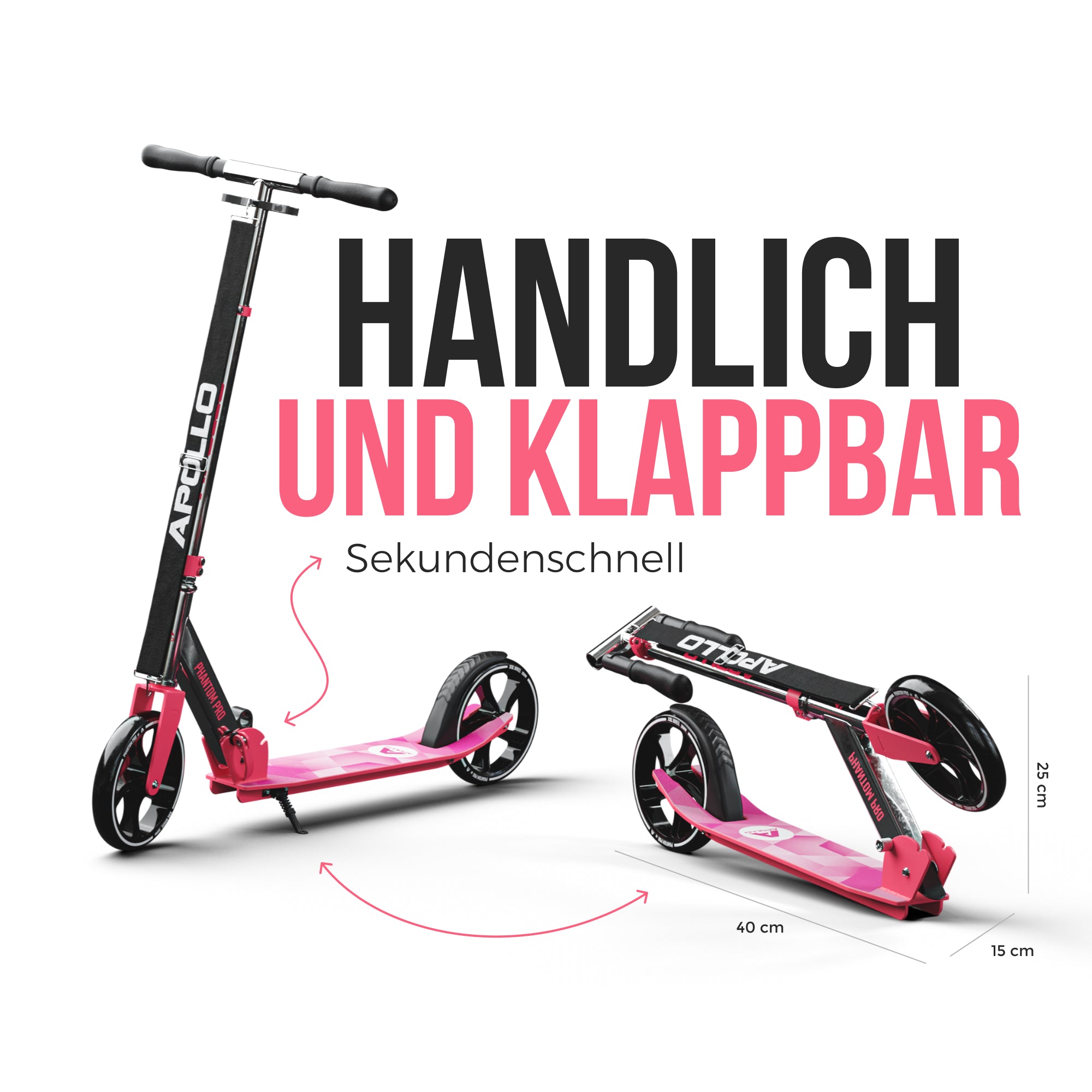 Apollo Klappbarer City Roller für Kinder "Phantom" höhenverstellbarer Tretroller Pink Silber