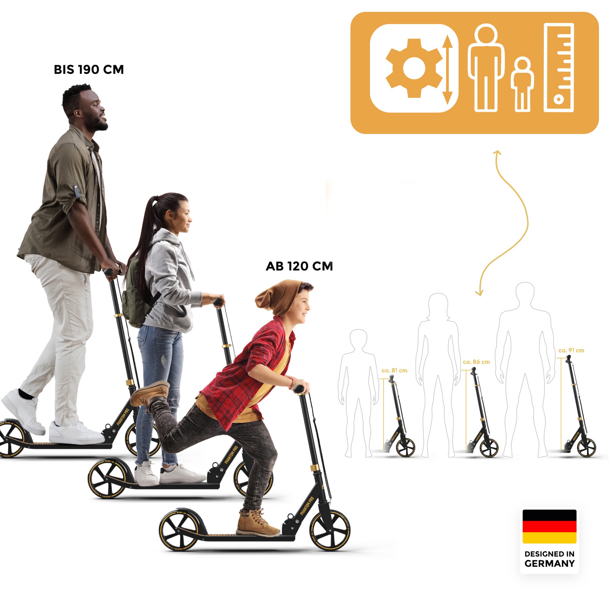 Apollo Klappbarer City Roller für Kinder "Phantom" höhenverstellbarer Tretroller Gold