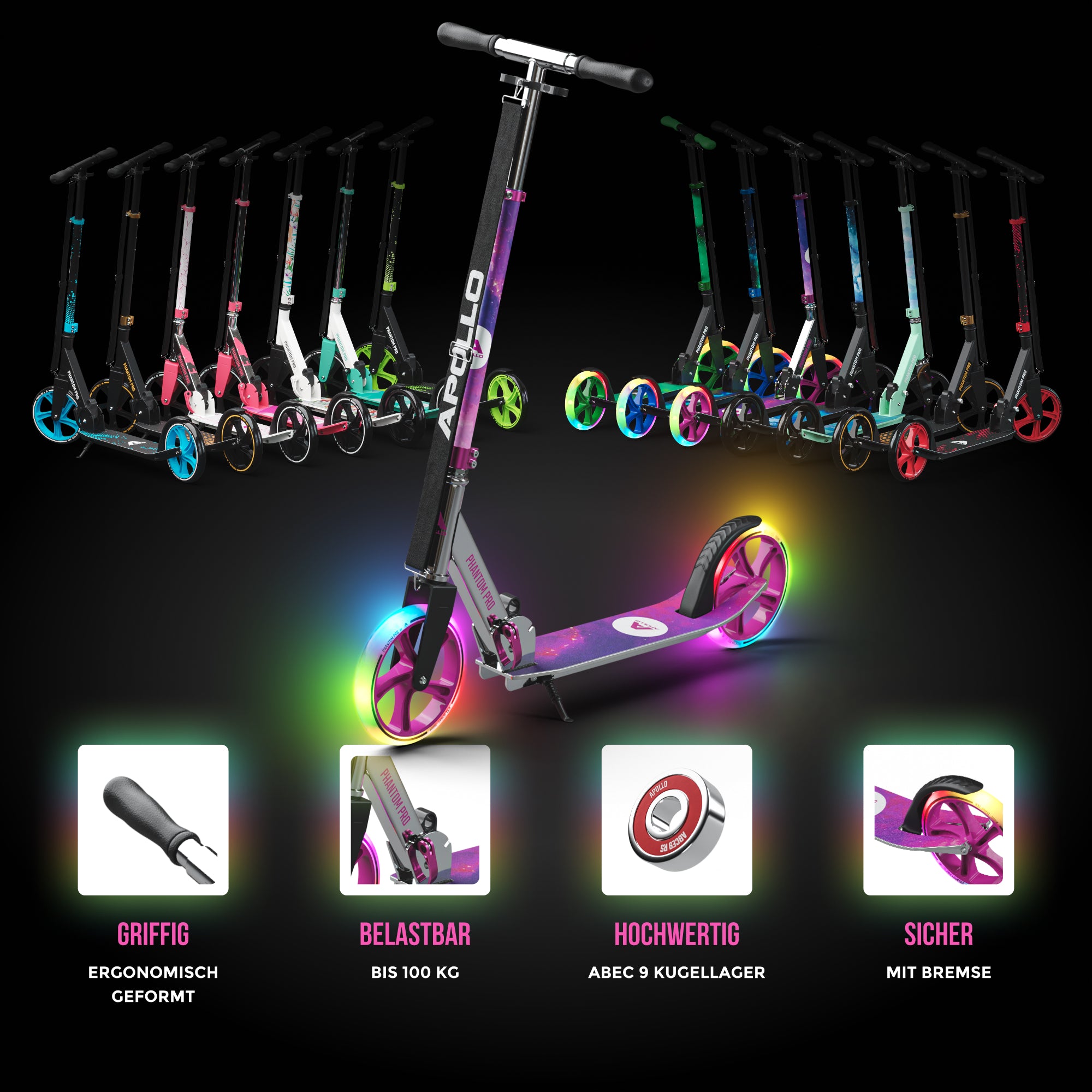 Apollo Klappbarer City Roller für Kinder "Phantom" höhenverstellbarer Tretroller Starlight