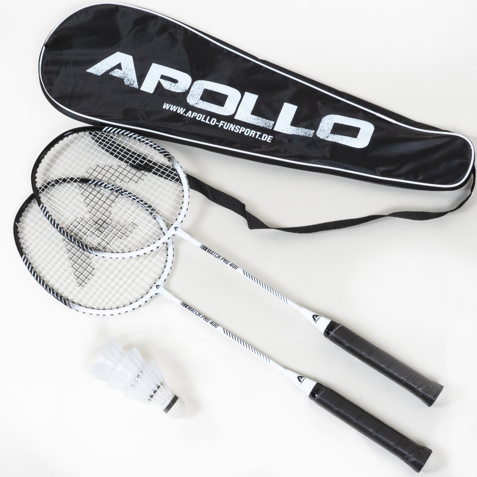 Apollo Funsport CH Badminton Set Match Pro 400 - inkl. Tasche, 2x Schläger, Bälle Weiss Schwarz