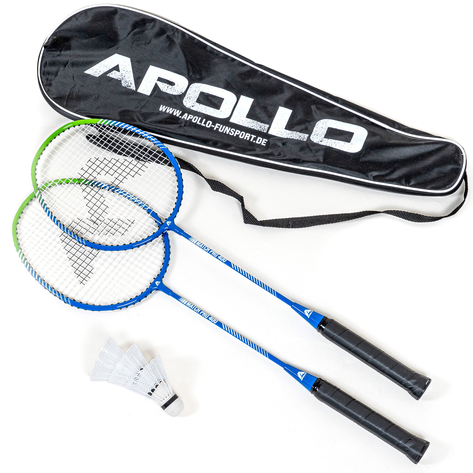 Apollo Funsport CH Badminton Set Match Pro 400 - inkl. Tasche, 2x Schläger, Bälle Blau Grün