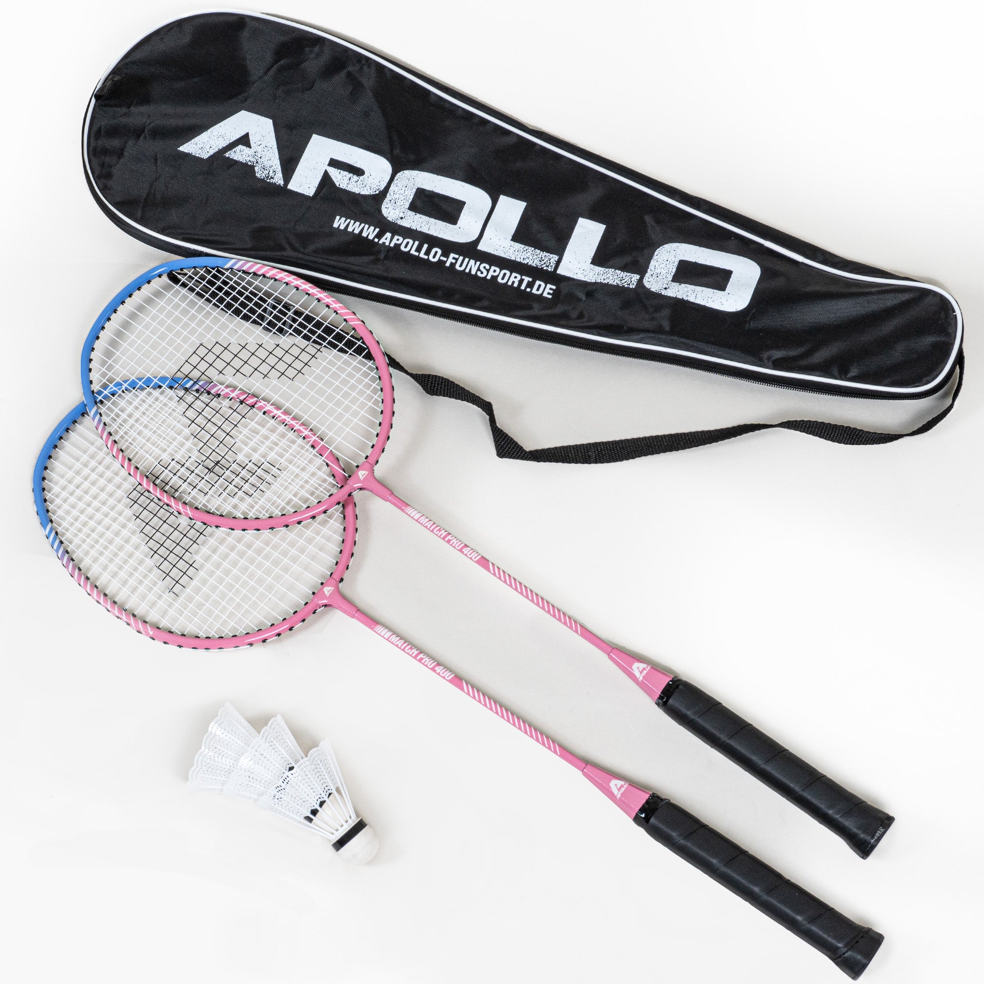 Apollo Funsport CH Badminton Set Match Pro 400 - inkl. Tasche, 2x Schläger, Bälle Blau Pink