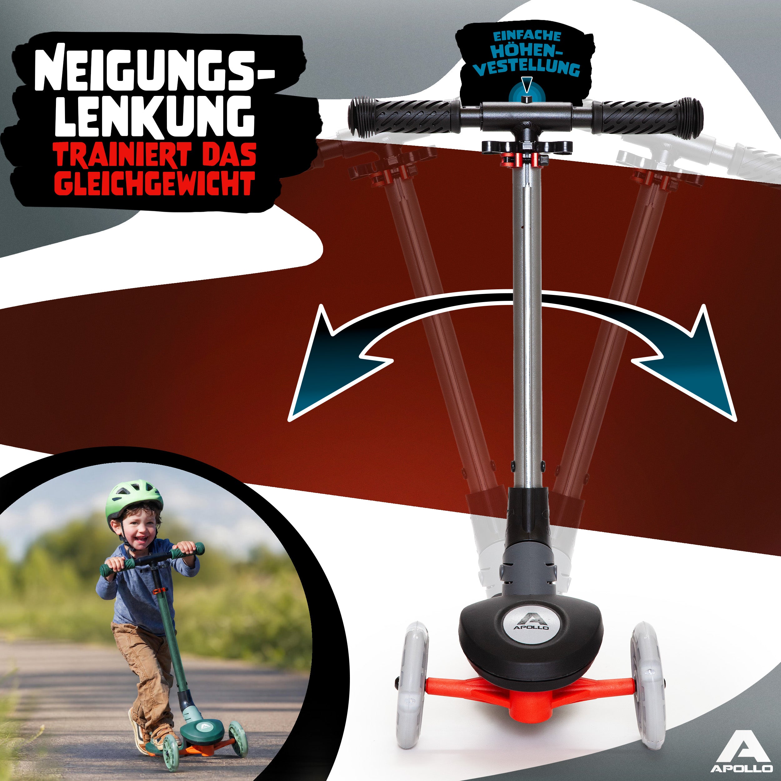 Apollo Funsport CH Apollo Whizzie LED Kinderroller, höhenverstellbarer Dreiradscooter für Kinder ab 3 Jahre Black Blaze