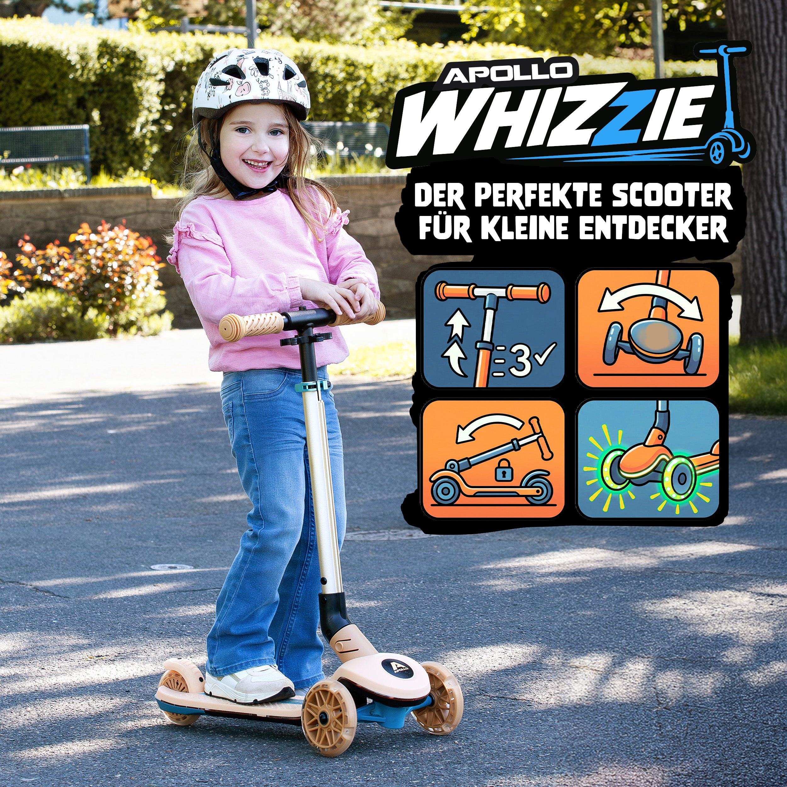 Apollo Funsport CH Apollo Whizzie LED Kinderroller, höhenverstellbarer Dreiradscooter für Kinder ab 3 Jahre Giraffe