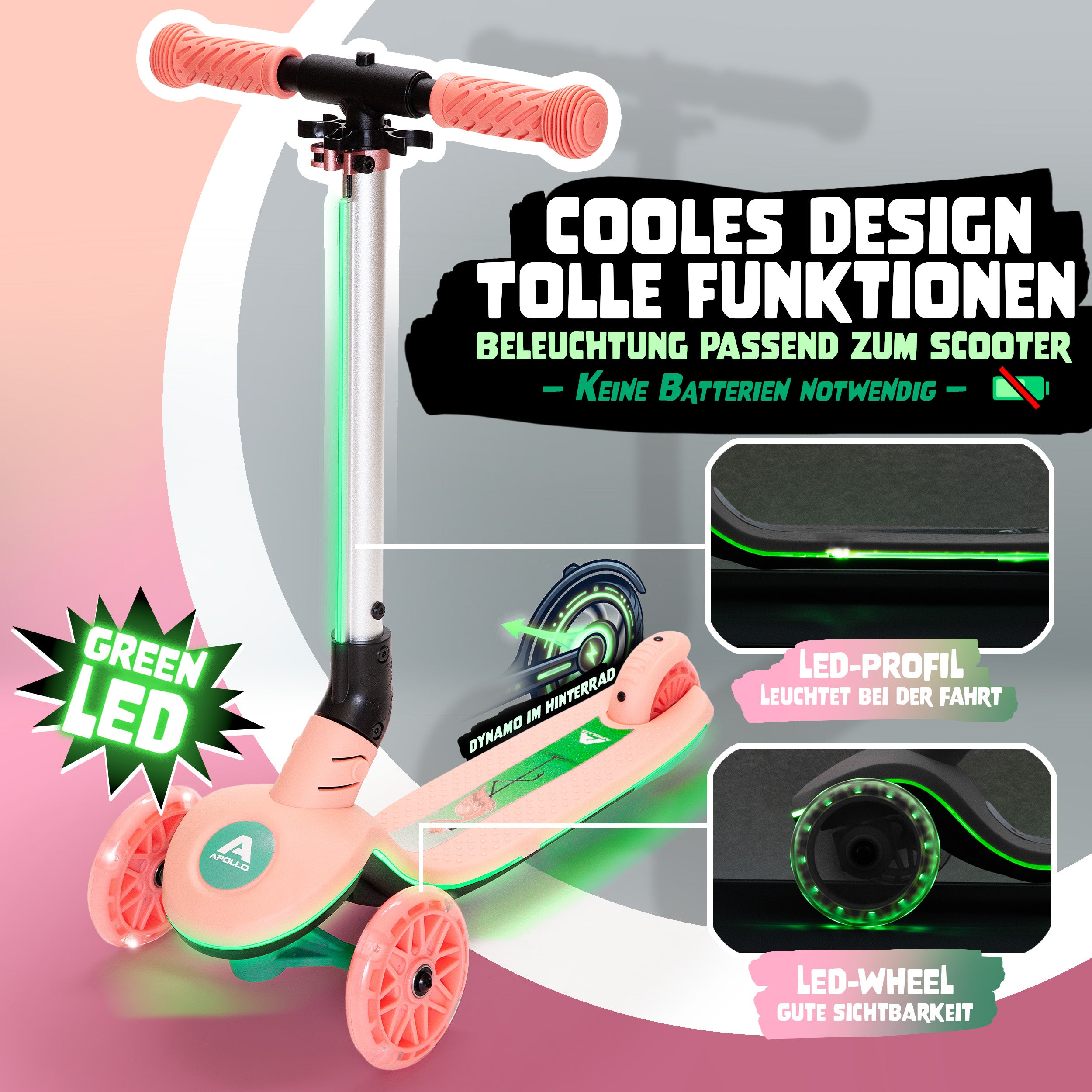 Apollo Funsport CH Apollo Whizzie LED Kinderroller, höhenverstellbarer Dreiradscooter für Kinder ab 3 Jahre Flamingo