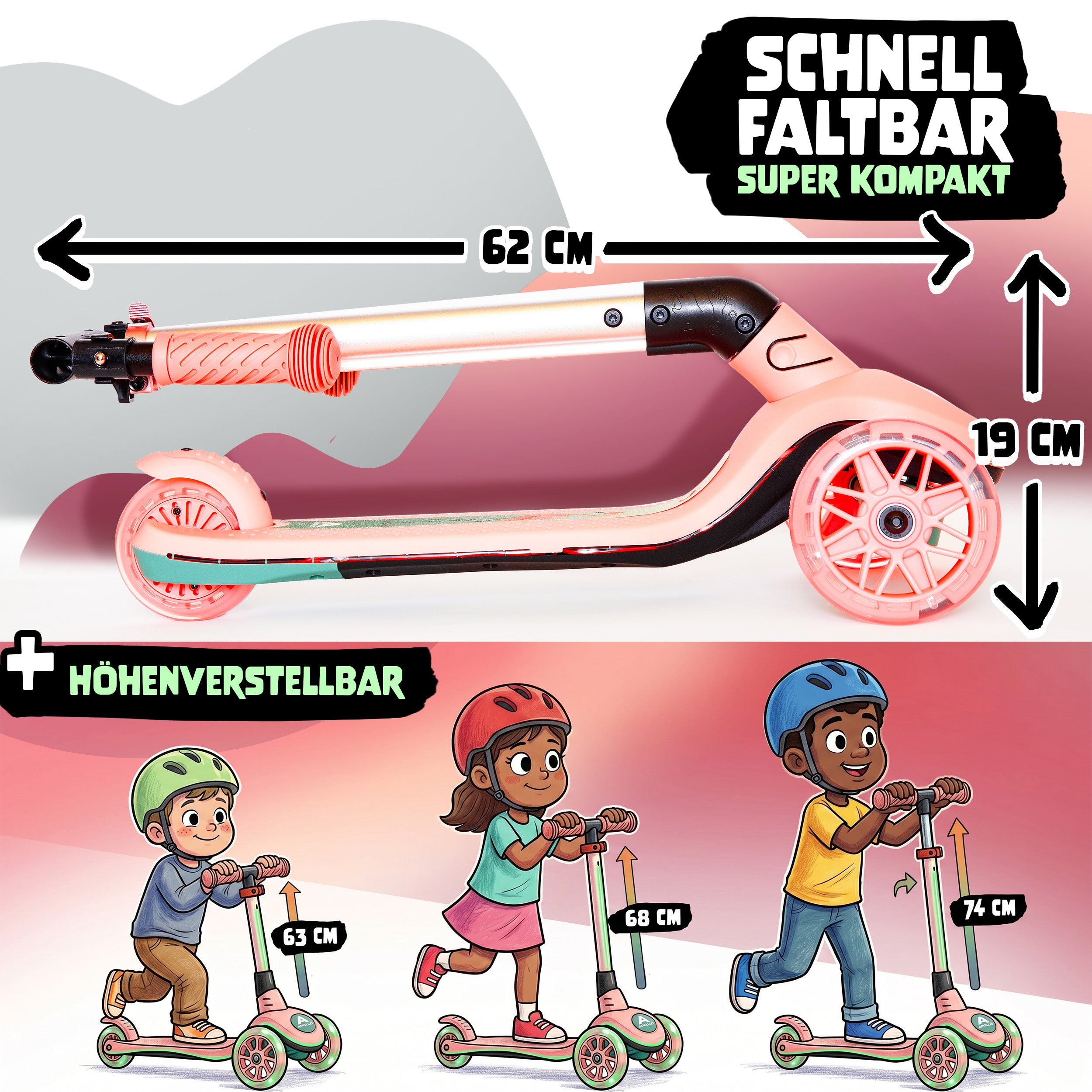 Apollo Funsport CH Apollo Whizzie LED Kinderroller, höhenverstellbarer Dreiradscooter für Kinder ab 3 Jahre Flamingo