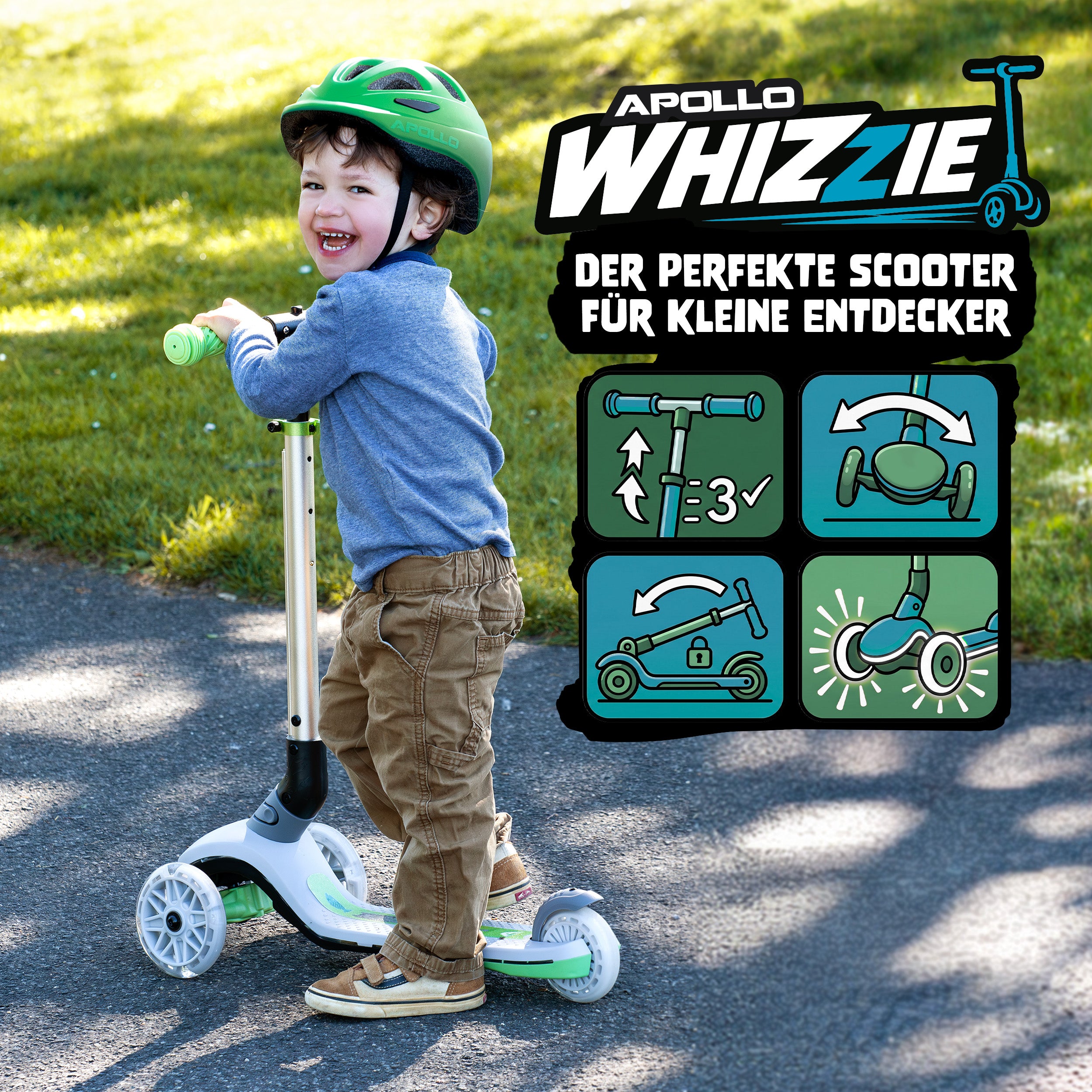 Apollo Funsport CH Apollo Whizzie LED Kinderroller, höhenverstellbarer Dreiradscooter für Kinder ab 3 Jahre Cat