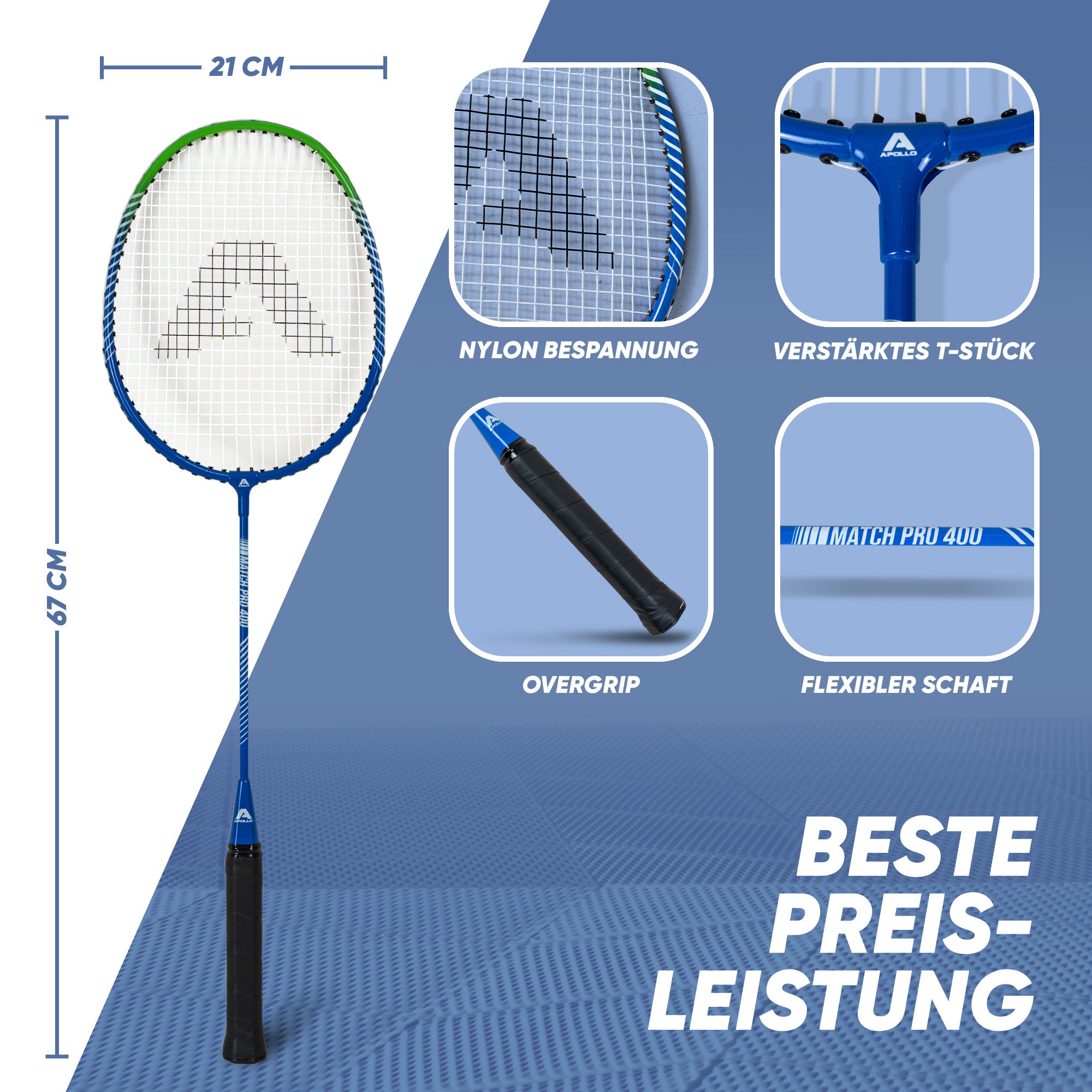 Apollo Funsport CH Badminton Set Match Pro 400 - inkl. Tasche, 2x Schläger, Bälle Blau Grün