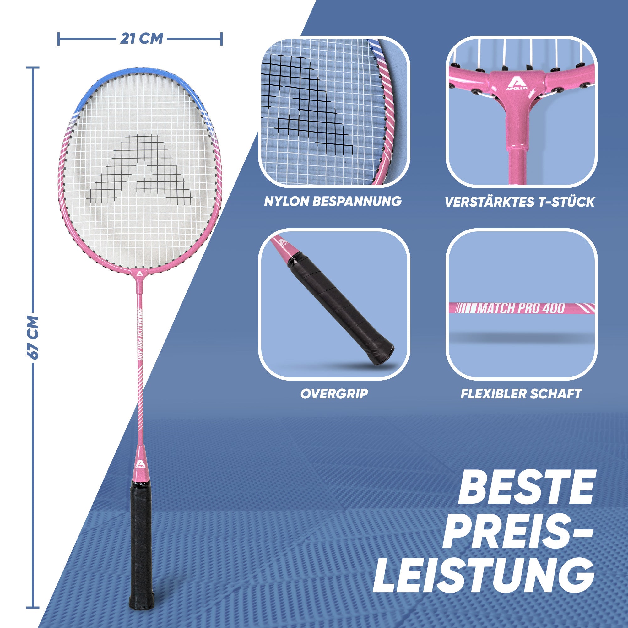 Apollo Funsport CH Badminton Set Match Pro 400 - inkl. Tasche, 2x Schläger, Bälle Blau Pink