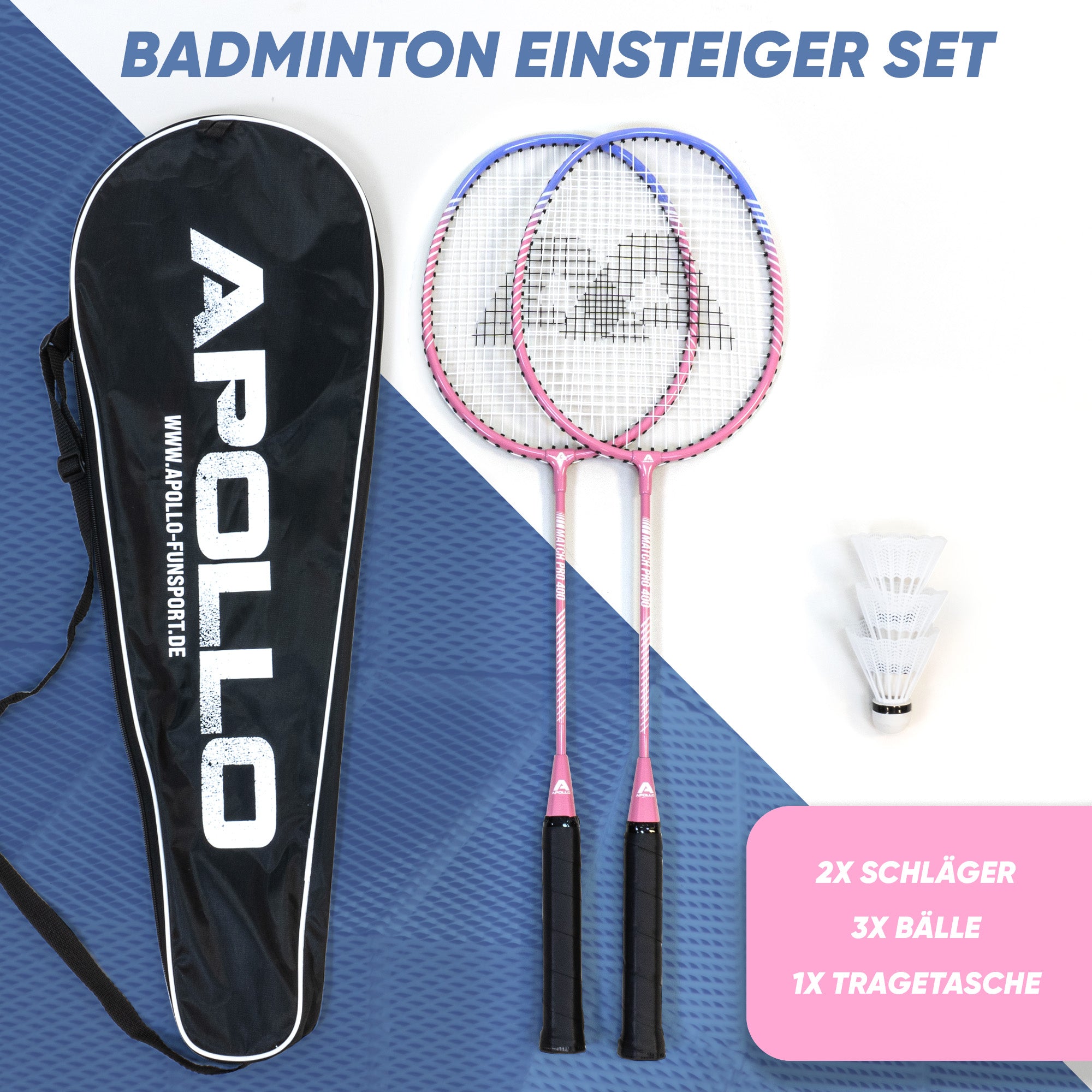Apollo Funsport CH Badminton Set Match Pro 400 - inkl. Tasche, 2x Schläger, Bälle Blau Pink