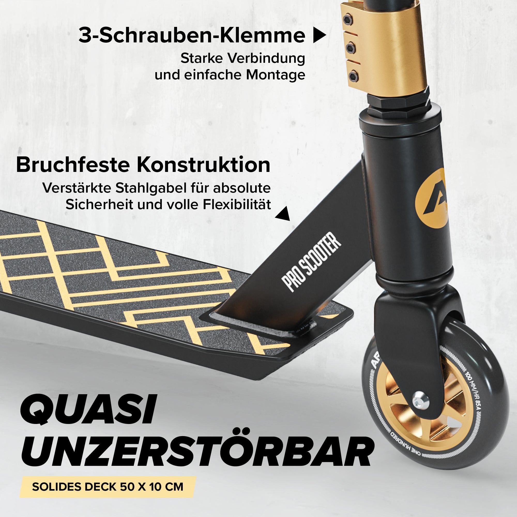 Apollo - Stunt Scooter - Genius Pro Robuster Kinder Scooter mit ABEC 9 Kugellager - Schwarz Gold
