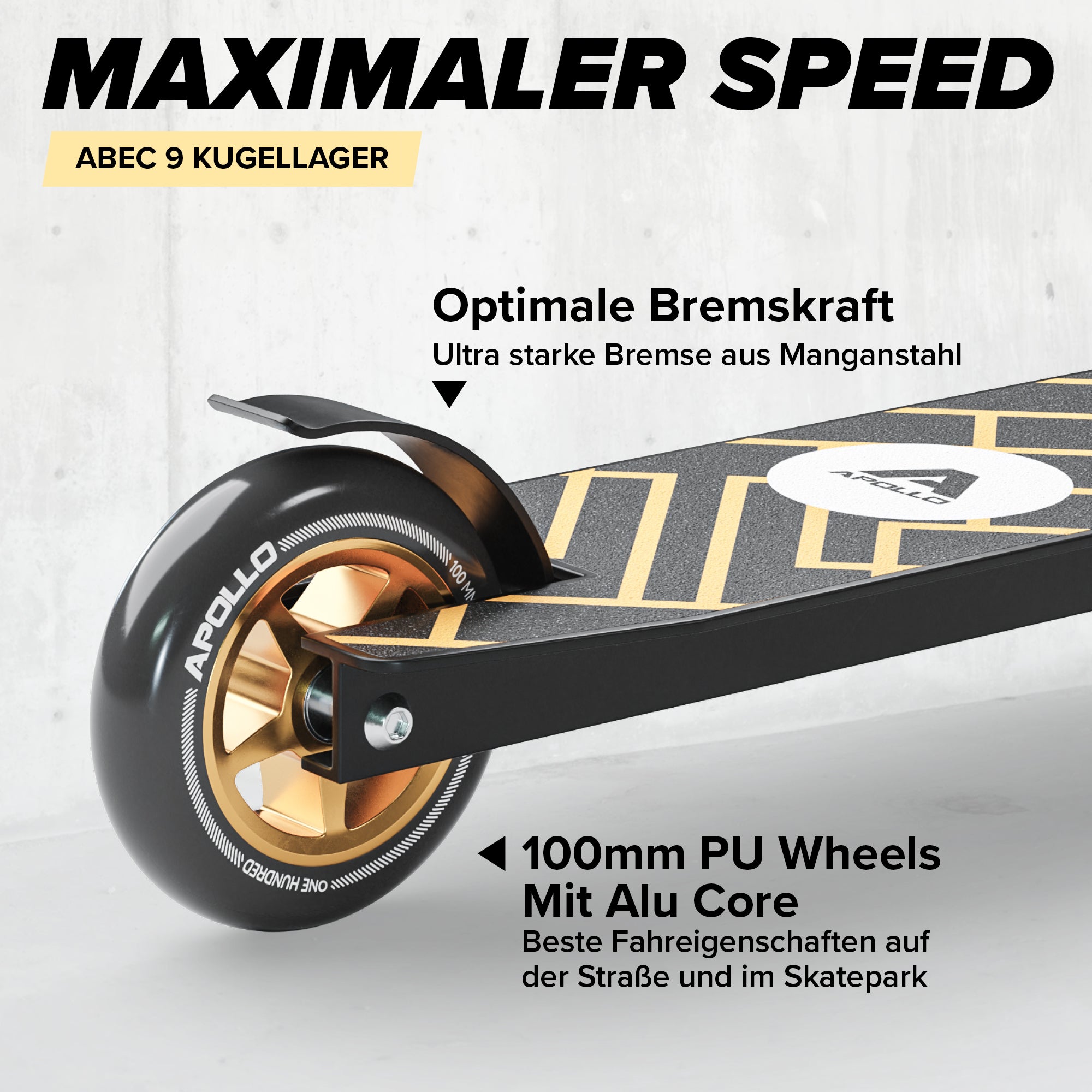 Apollo - Stunt Scooter - Genius Pro Robuster Kinder Scooter mit ABEC 9 Kugellager - Schwarz Gold