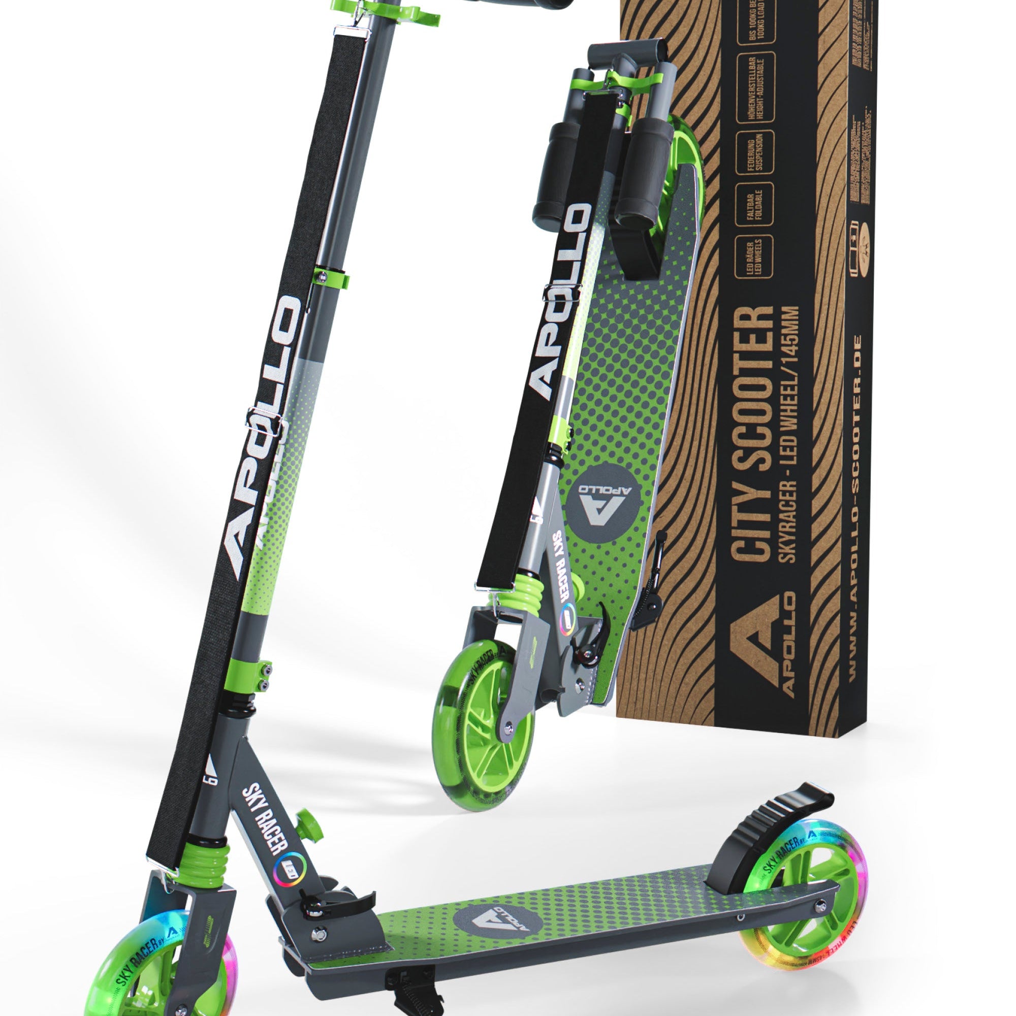Apollo 145mm City Scooter mit Federung "Skyracer" klappbar und höhenverstellbar Grün Grau