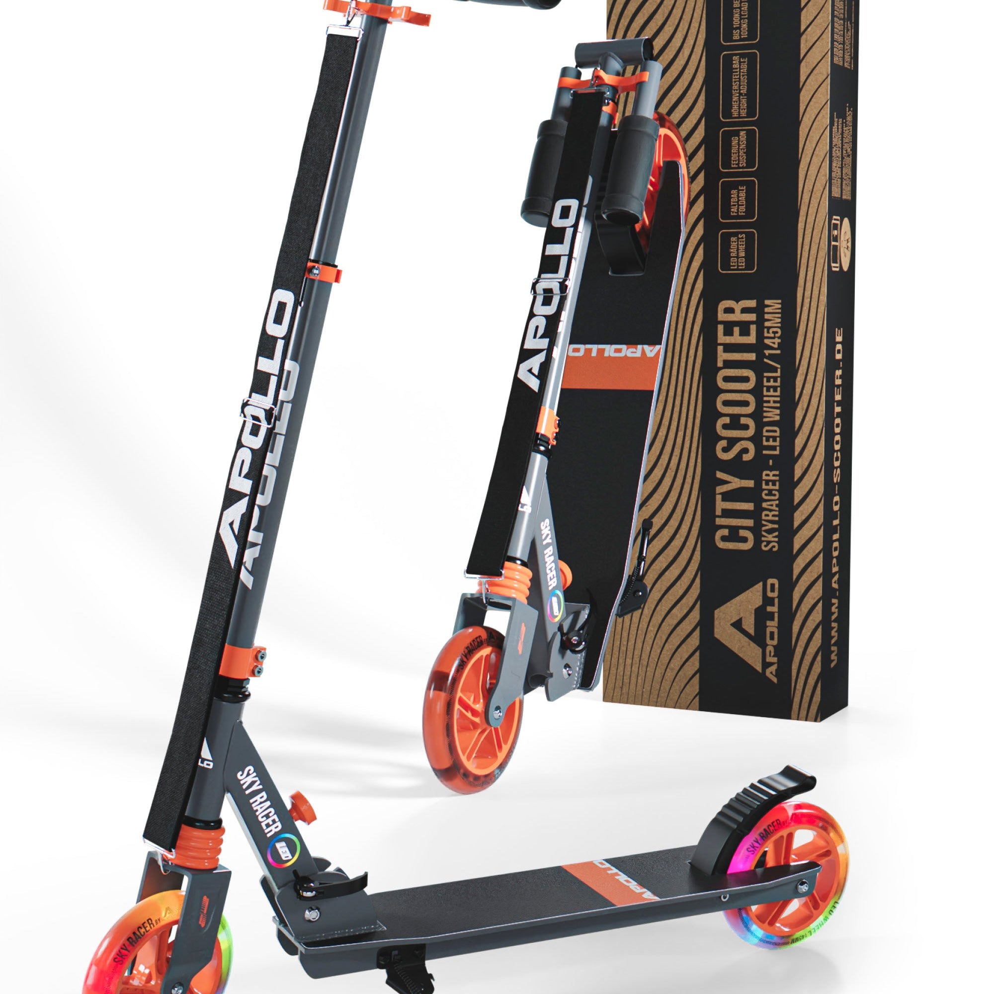 Apollo 145mm City Scooter mit Federung "Skyracer" klappbar und höhenverstellbar Orange
