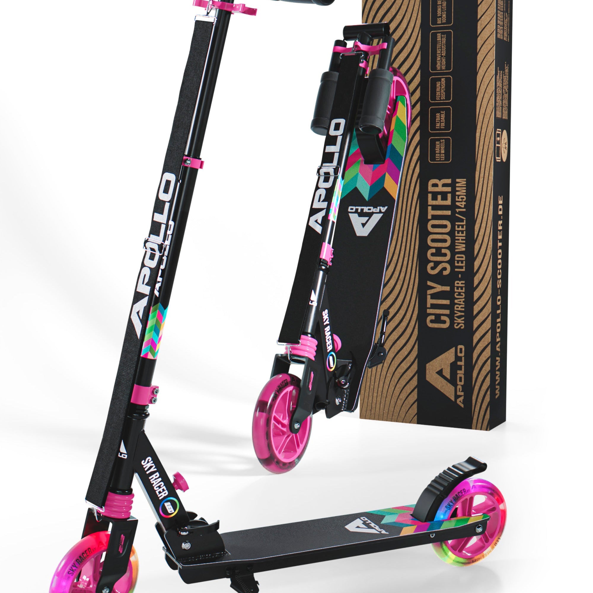 Apollo 145mm City Scooter mit Federung "Skyracer" klappbar und höhenverstellbar Bunt