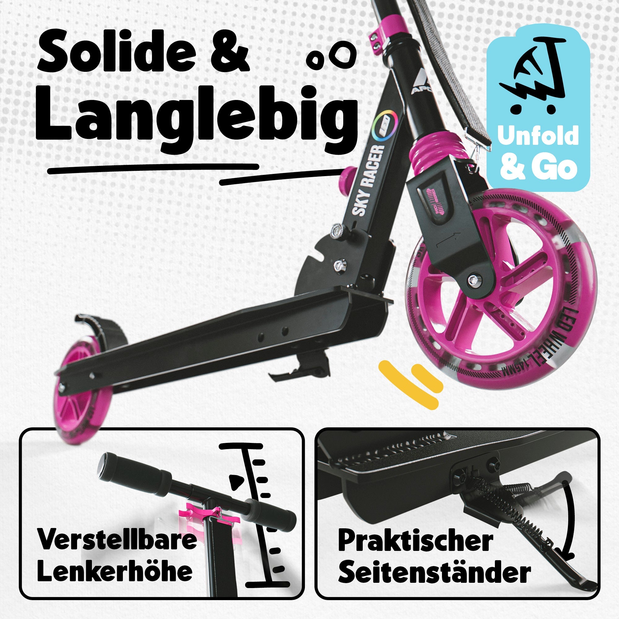Apollo - 145mm City Scooter mit Federung "Skyracer" klappbar und höhenverstellbar - Bunt