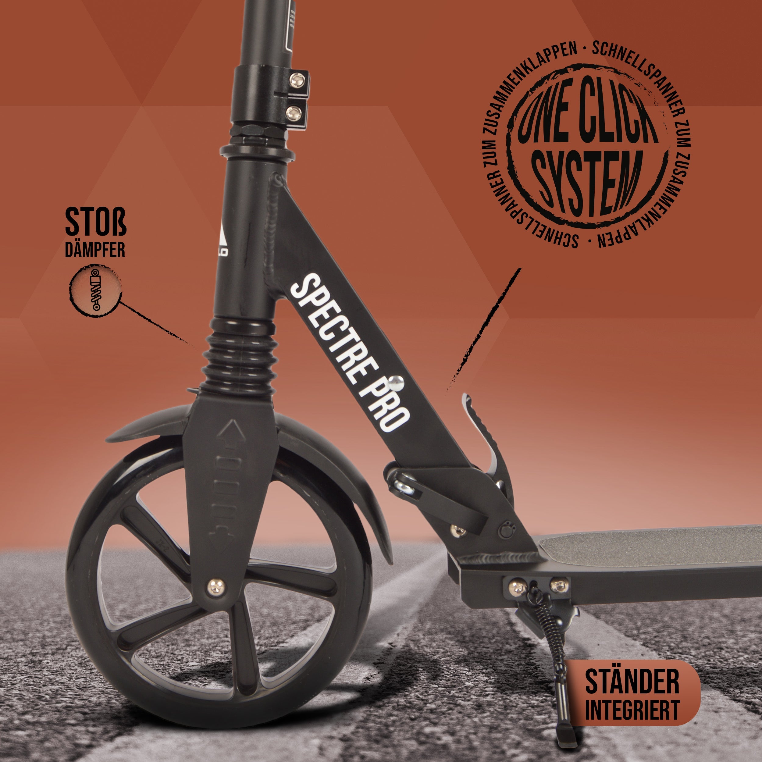 Apollo - Luxus Cityroller mit Doppelfederung "Spectre" City-Roller klapp- und verstellbar - Schwarz 2.0