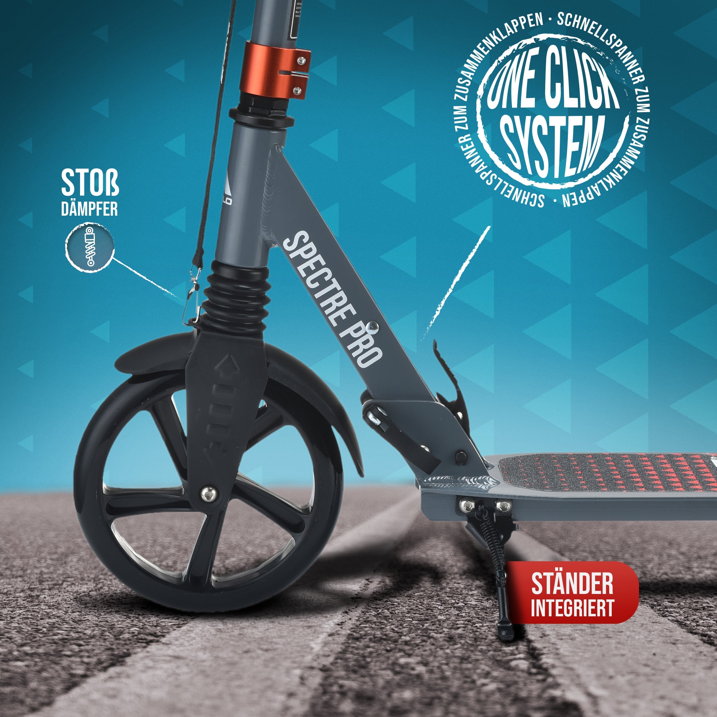 Apollo - Luxus Cityroller mit Doppelfederung "Spectre" City-Roller klapp- und verstellbar - Grau Rot