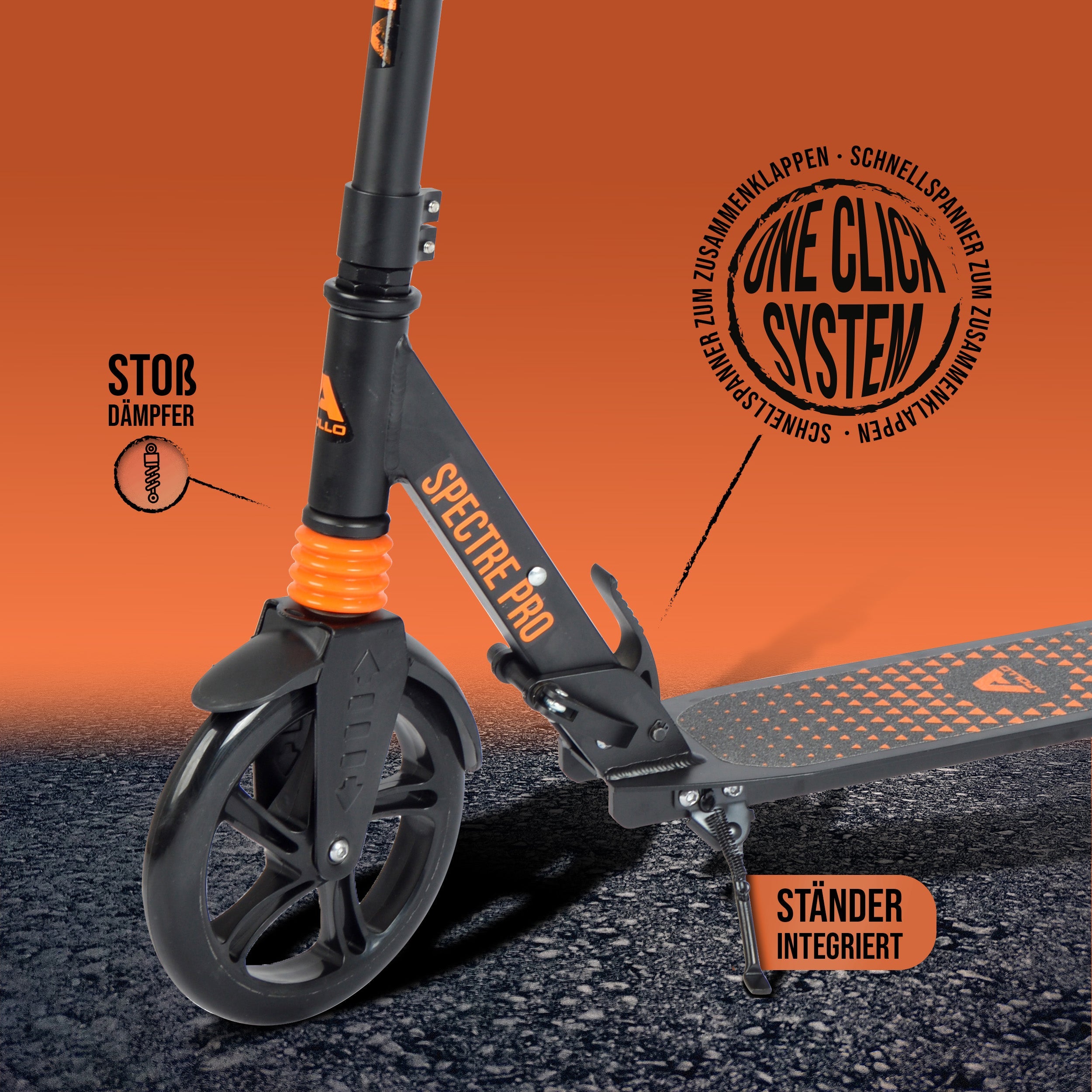 Apollo - Luxus Cityroller mit Doppelfederung "Spectre" City-Roller klapp- und verstellbar - Orange
