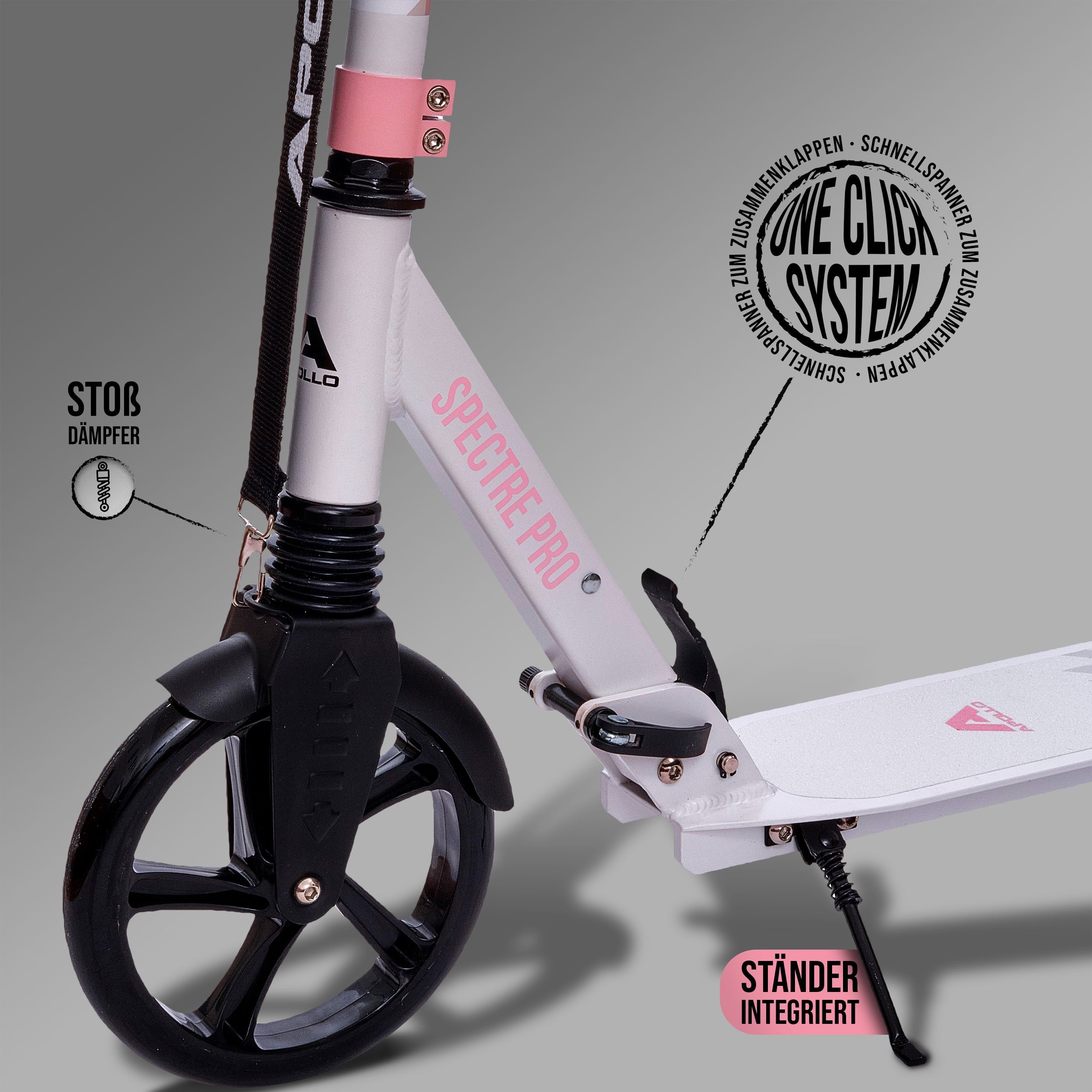 Apollo - Luxus Cityroller mit Doppelfederung "Spectre" City-Roller klapp- und verstellbar - Weiß Rosa