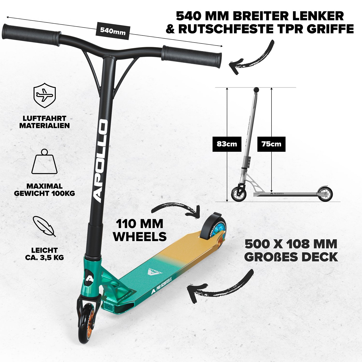 Apollo - High End Stunt Scooter - Genesis Pro X Stuntscooter mit ABEC 9 Kugellagern - Türkis Gold