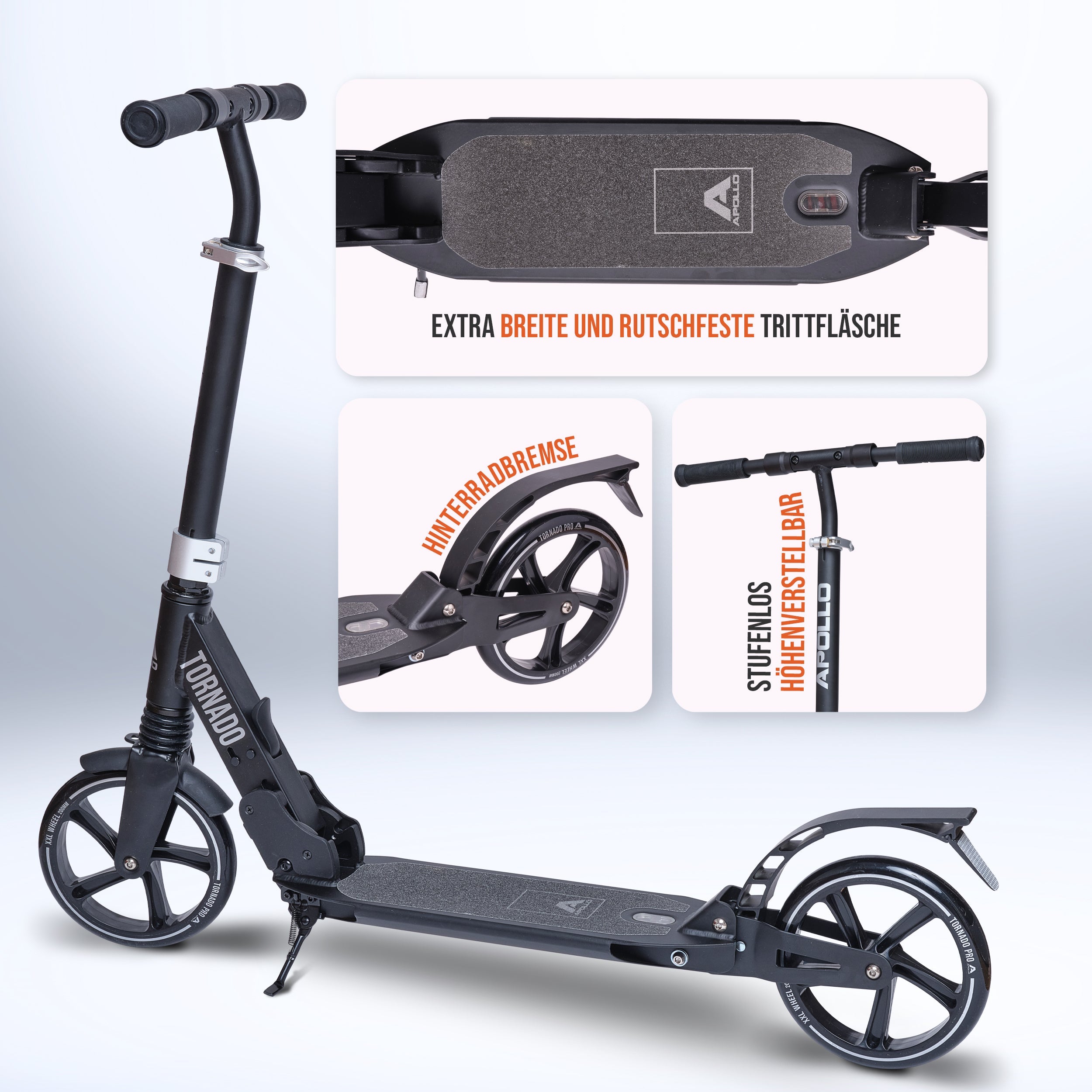 Apollo - High End Scooter Erwachsene - "Tornado 2.0" Cityroller Kinder ab 7 Jahre - Schwarz Silber
