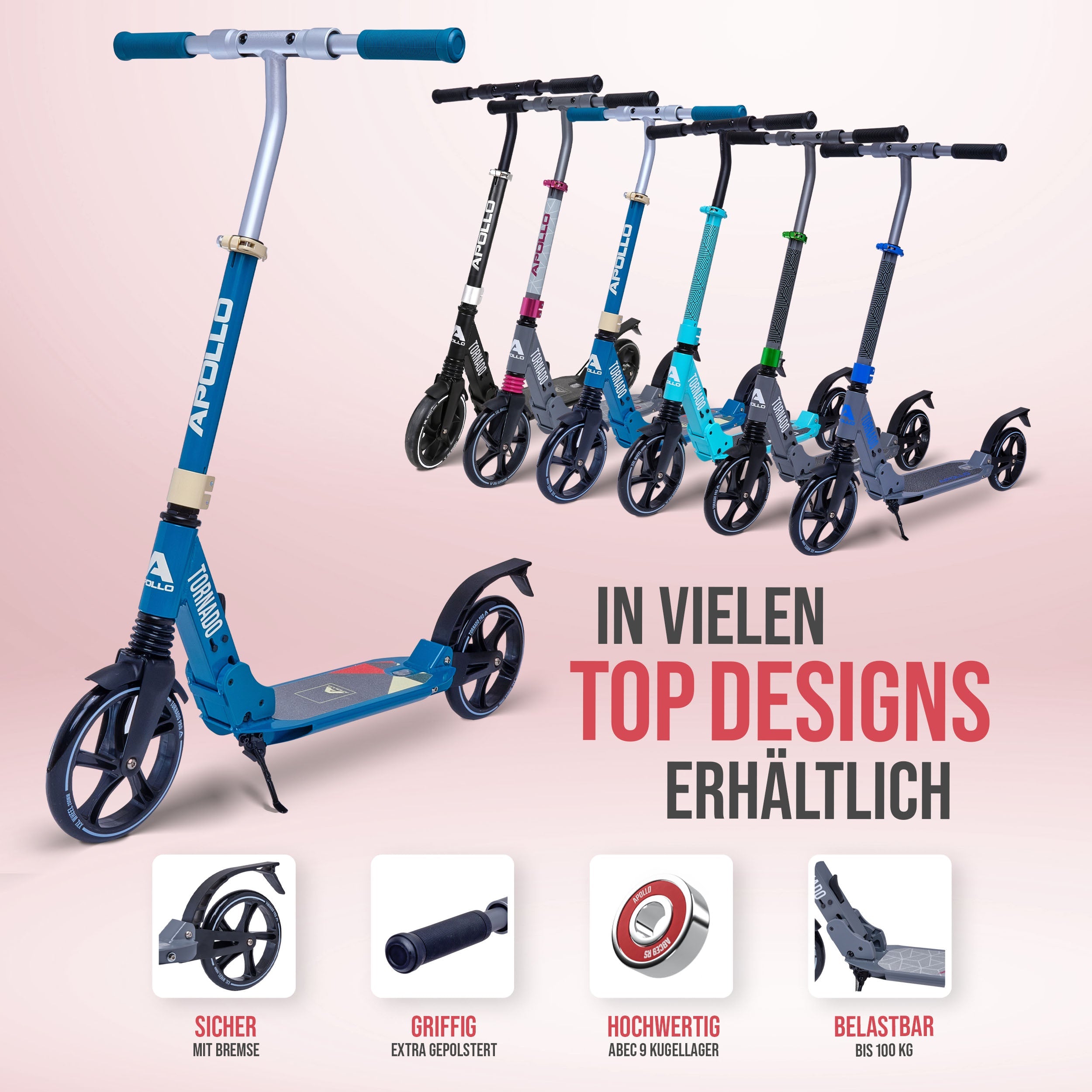 Apollo - High End Scooter Erwachsene - "Tornado 2.0" Cityroller Kinder ab 7 Jahre - Türkis