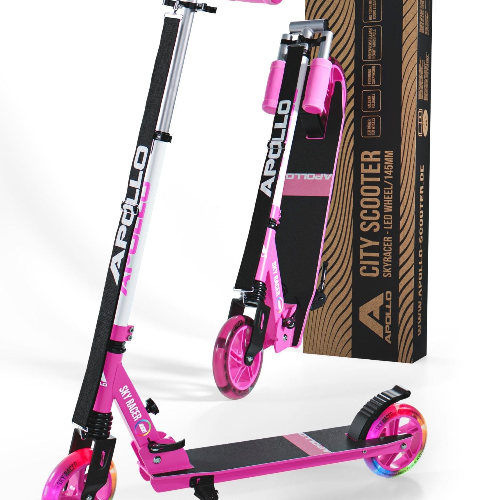 Apollo 145mm City Scooter mit Federung "Skyracer" klappbar und höhenverstellbar Rosa Weiß