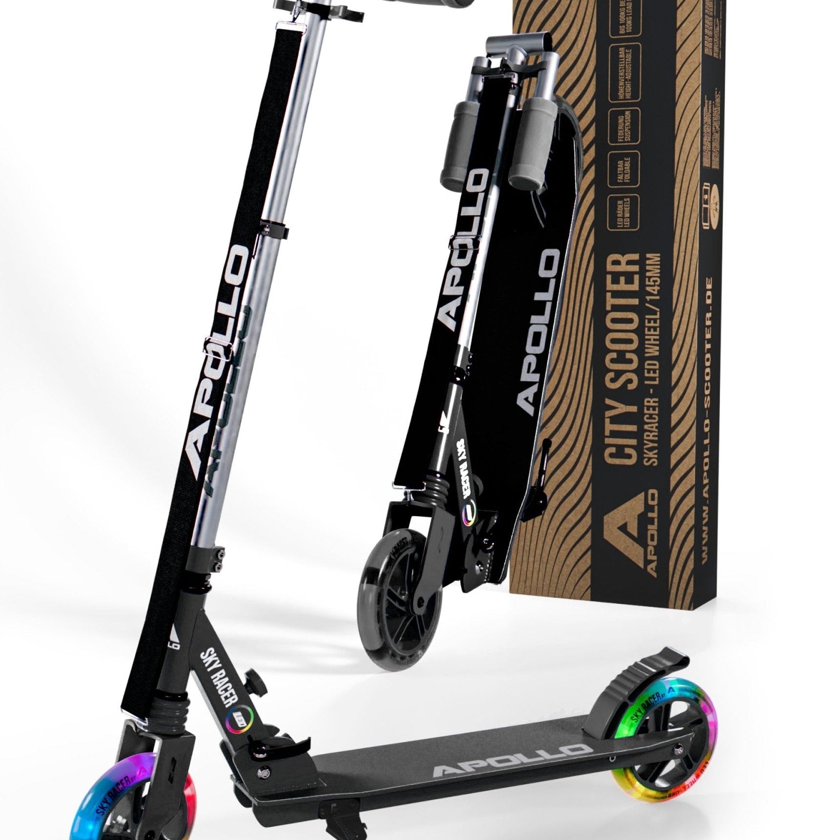 Apollo 145mm City Scooter mit Federung "Skyracer" klappbar und höhenverstellbar Schwarz