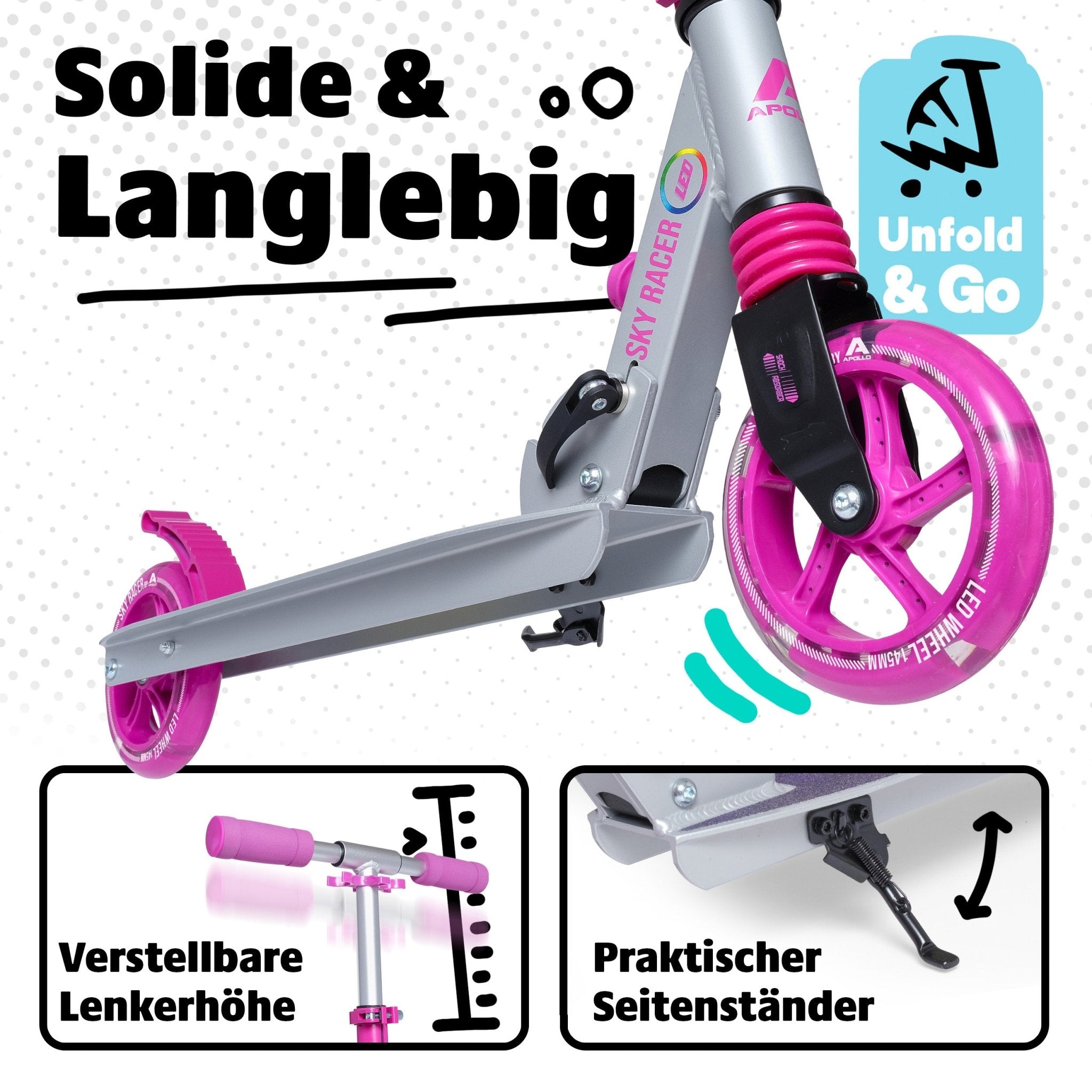 Apollo - 145mm City Scooter mit Federung "Skyracer" klappbar und höhenverstellbar - Starlight