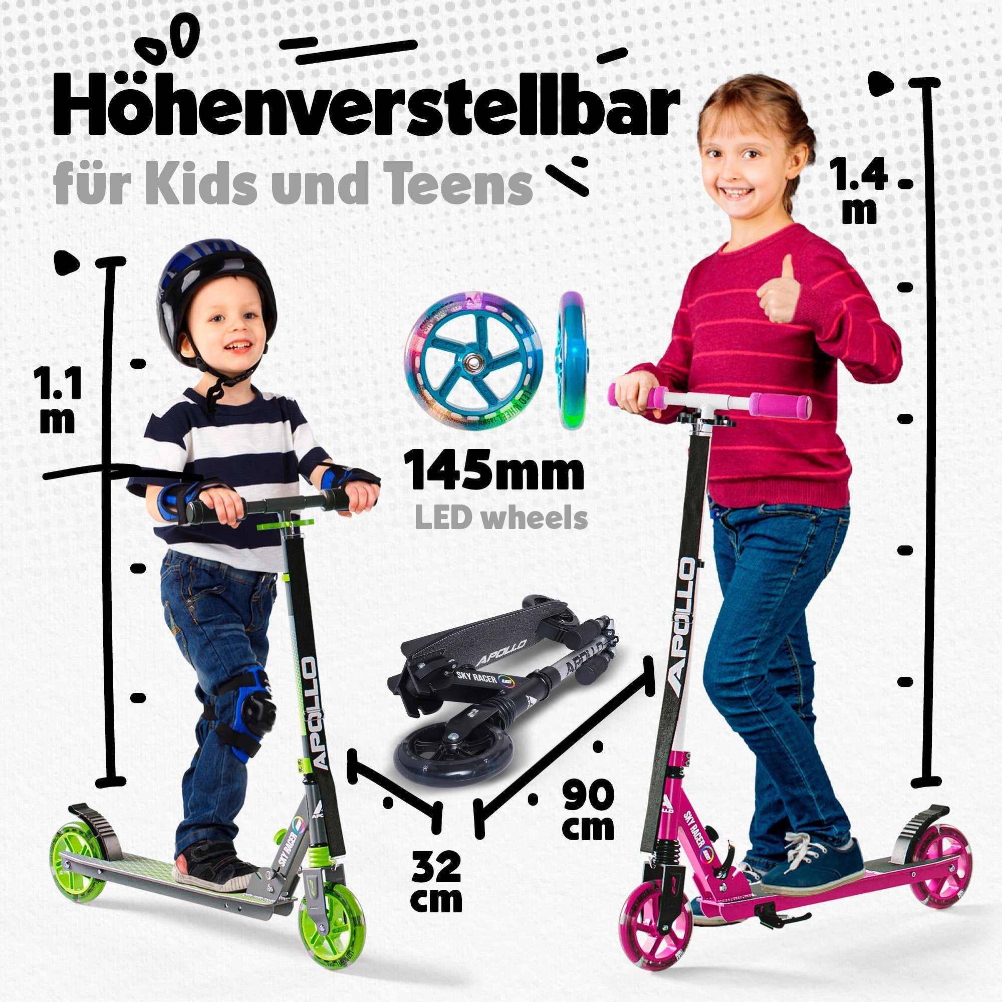 Apollo - 145mm City Scooter mit Federung "Skyracer" klappbar und höhenverstellbar - Schwarz