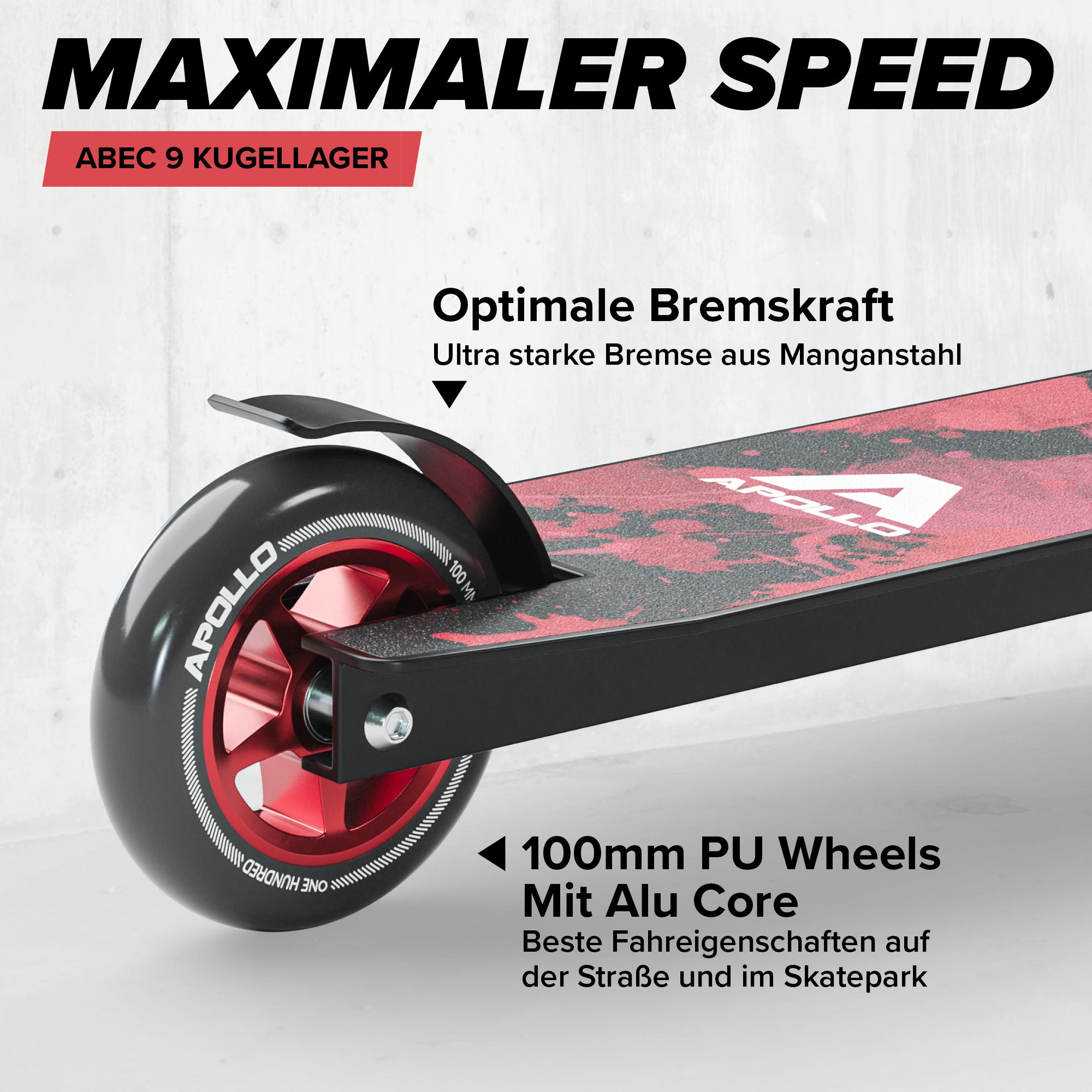 Apollo - Stunt Scooter - Genius Pro Robuster Kinder Scooter mit ABEC 9 Kugellager - Red Ink