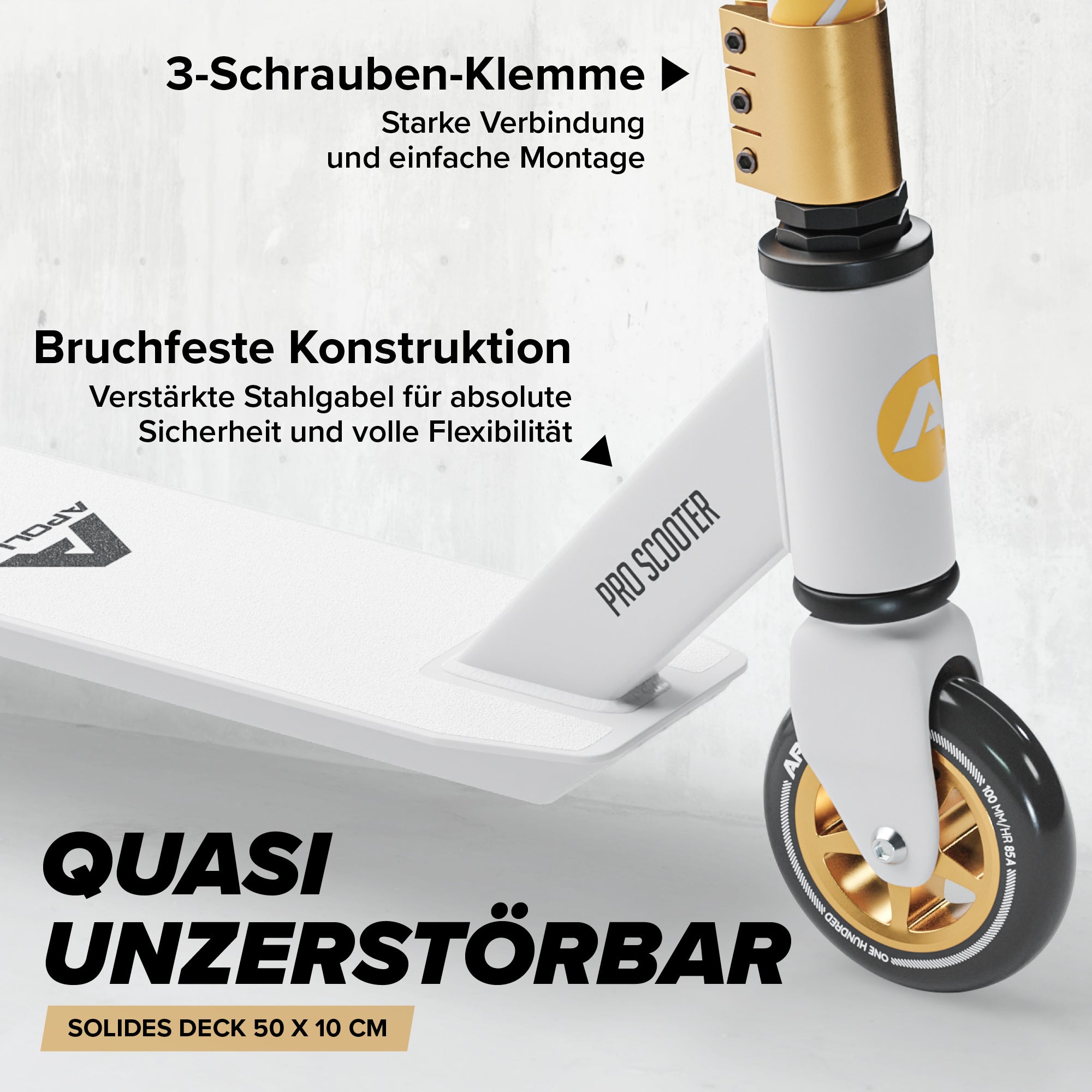 Apollo - Stunt Scooter - Genius Pro Robuster Kinder Scooter mit ABEC 9 Kugellager - Weiß Gold
