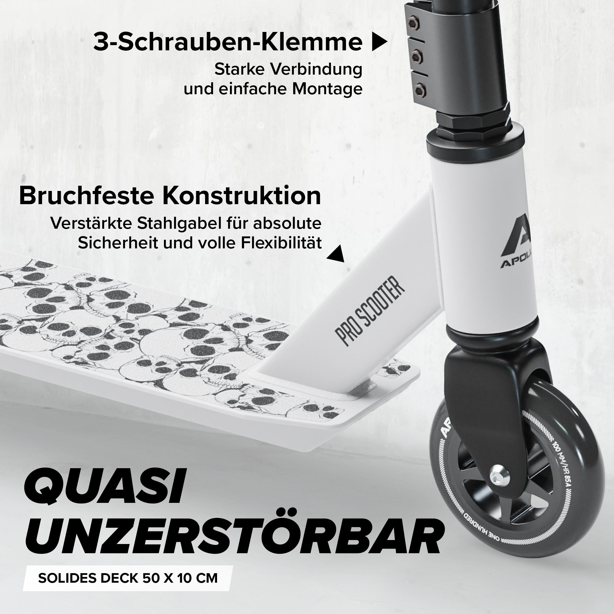 Apollo - Stunt Scooter - Genius Pro Robuster Kinder Scooter mit ABEC 9 Kugellager - White Skull