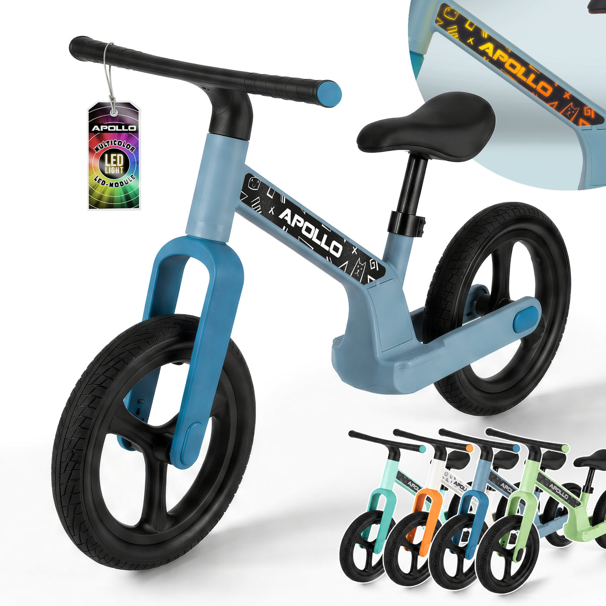 Apollo Funsport CH Trailbuddy LED Laufrad für Kinder ab 2 Jahre – 12 Zoll Kinderlaufrad mit Beleuchtung Blue