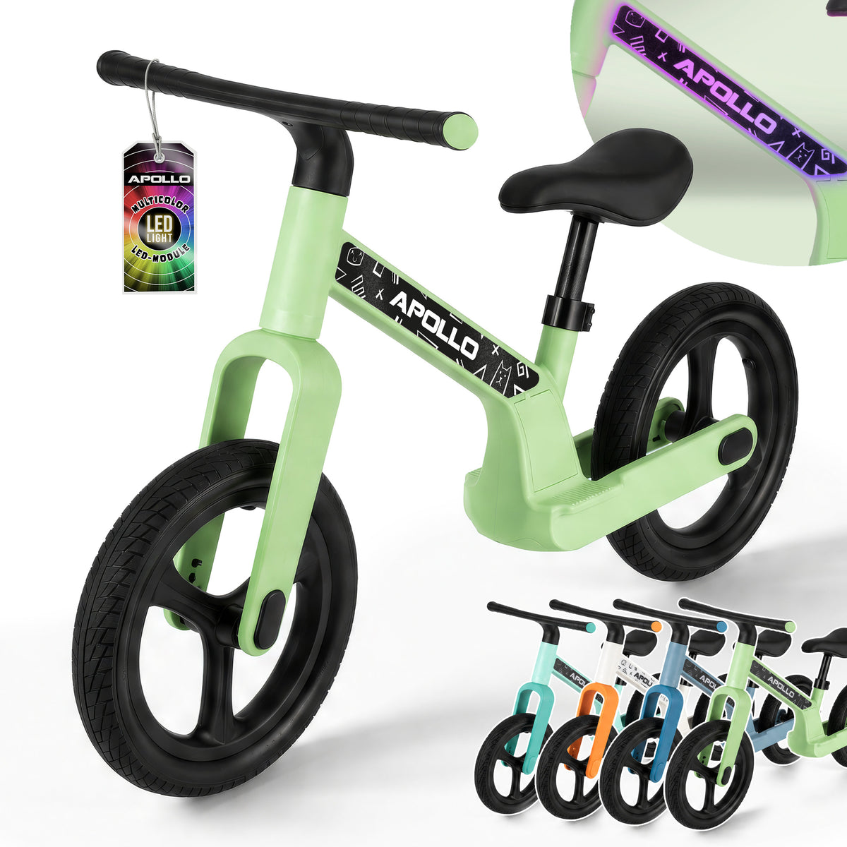Apollo Funsport CH Trailbuddy LED Laufrad für Kinder ab 2 Jahre – 12 Zoll Kinderlaufrad mit Beleuchtung Green