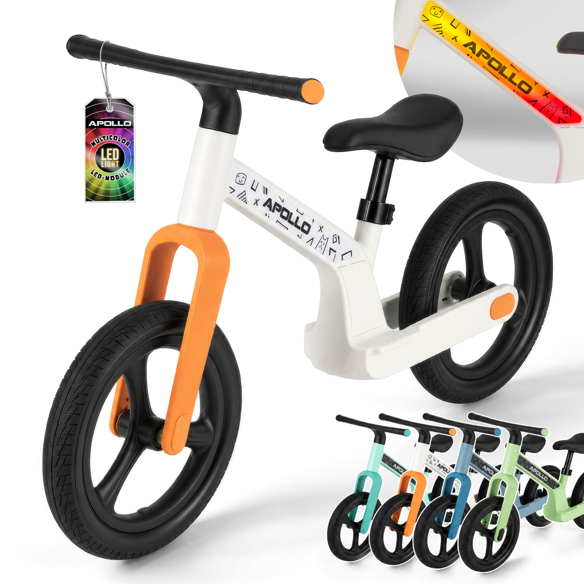 Apollo Funsport CH Trailbuddy LED Laufrad für Kinder ab 2 Jahre – 12 Zoll Kinderlaufrad mit Beleuchtung White