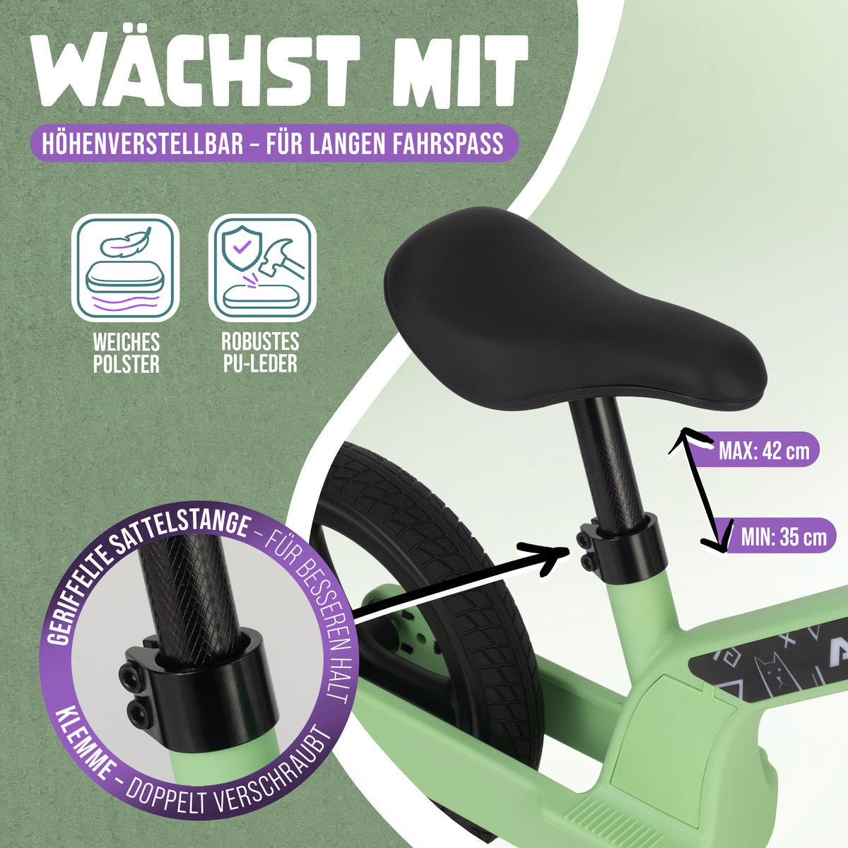 Apollo Funsport CH Trailbuddy LED Laufrad für Kinder ab 2 Jahre – 12 Zoll Kinderlaufrad mit Beleuchtung Green