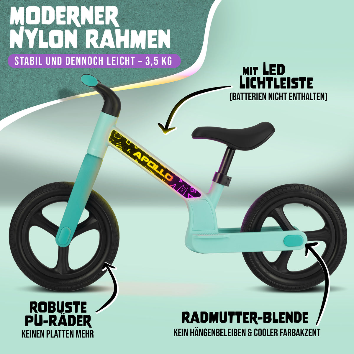 Apollo Funsport CH Trailbuddy LED Laufrad für Kinder ab 2 Jahre – 12 Zoll Kinderlaufrad mit Beleuchtung Mint